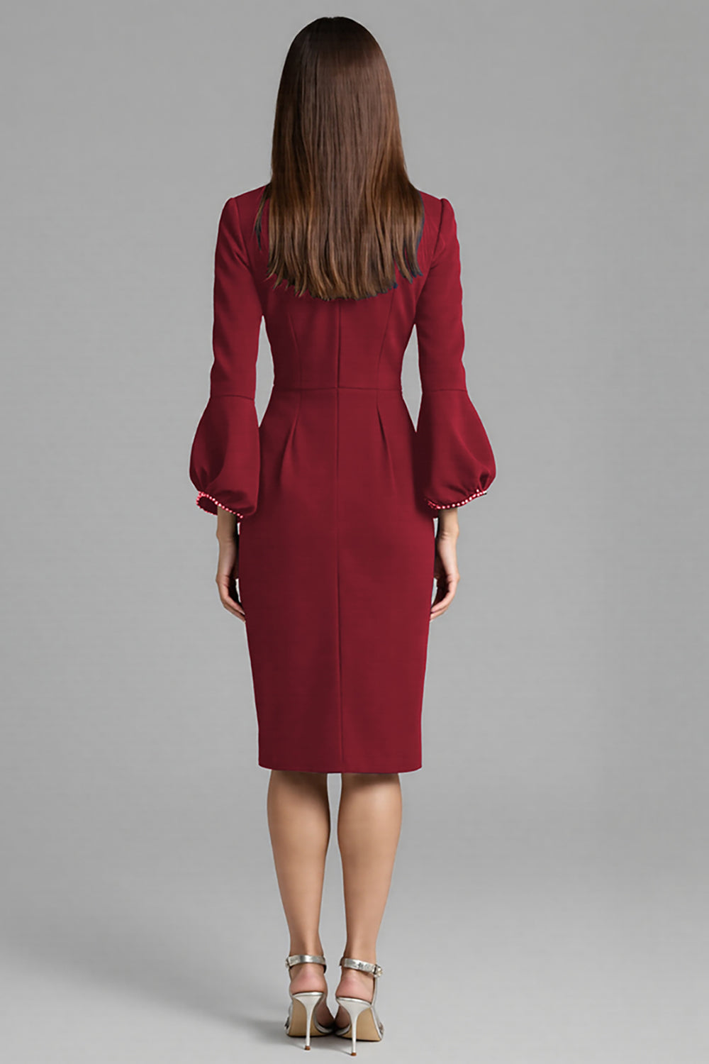 Navy Satin Bodycon Midi Bateau Neck Work Dress with Long Sleeves