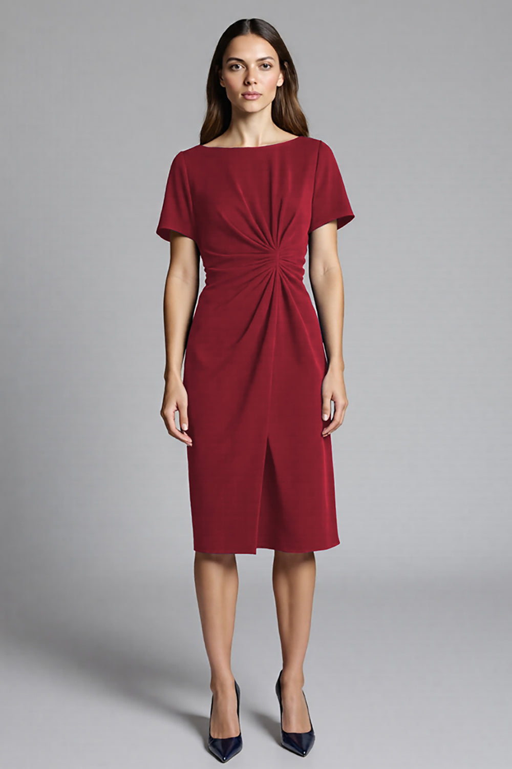 Navy Bodycon Ruched Midi Satin Work Dress with Short Sleeves