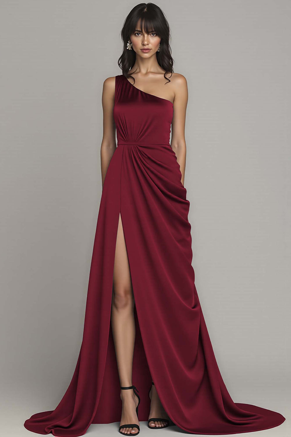 Black Satin One Shoulder A Line Long Formal Dress with Slit