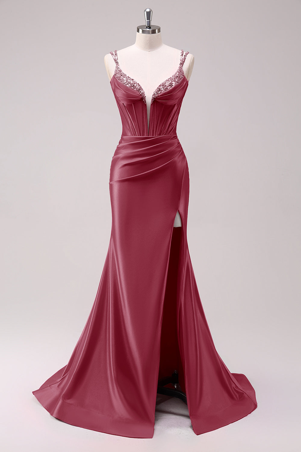 Sparkly Fuchsia Corset Sequined Long Prom Dress with Slit