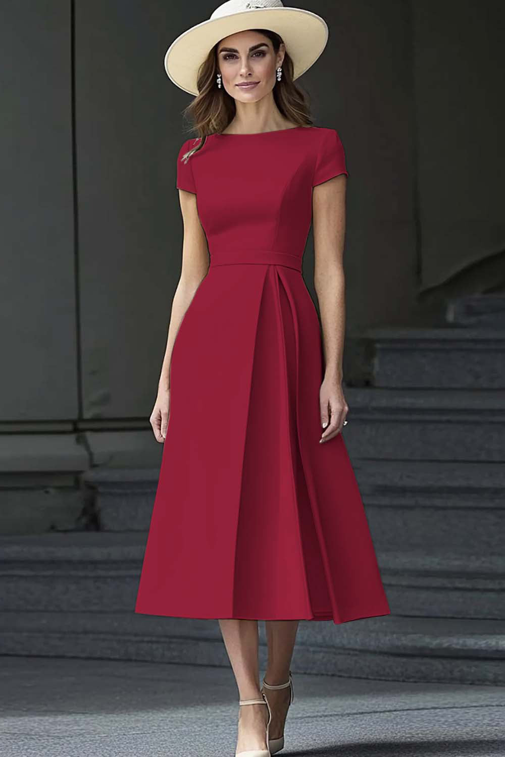 Daffodil Satin Bateau Neck A Line Midi Work Dress with Sleeves