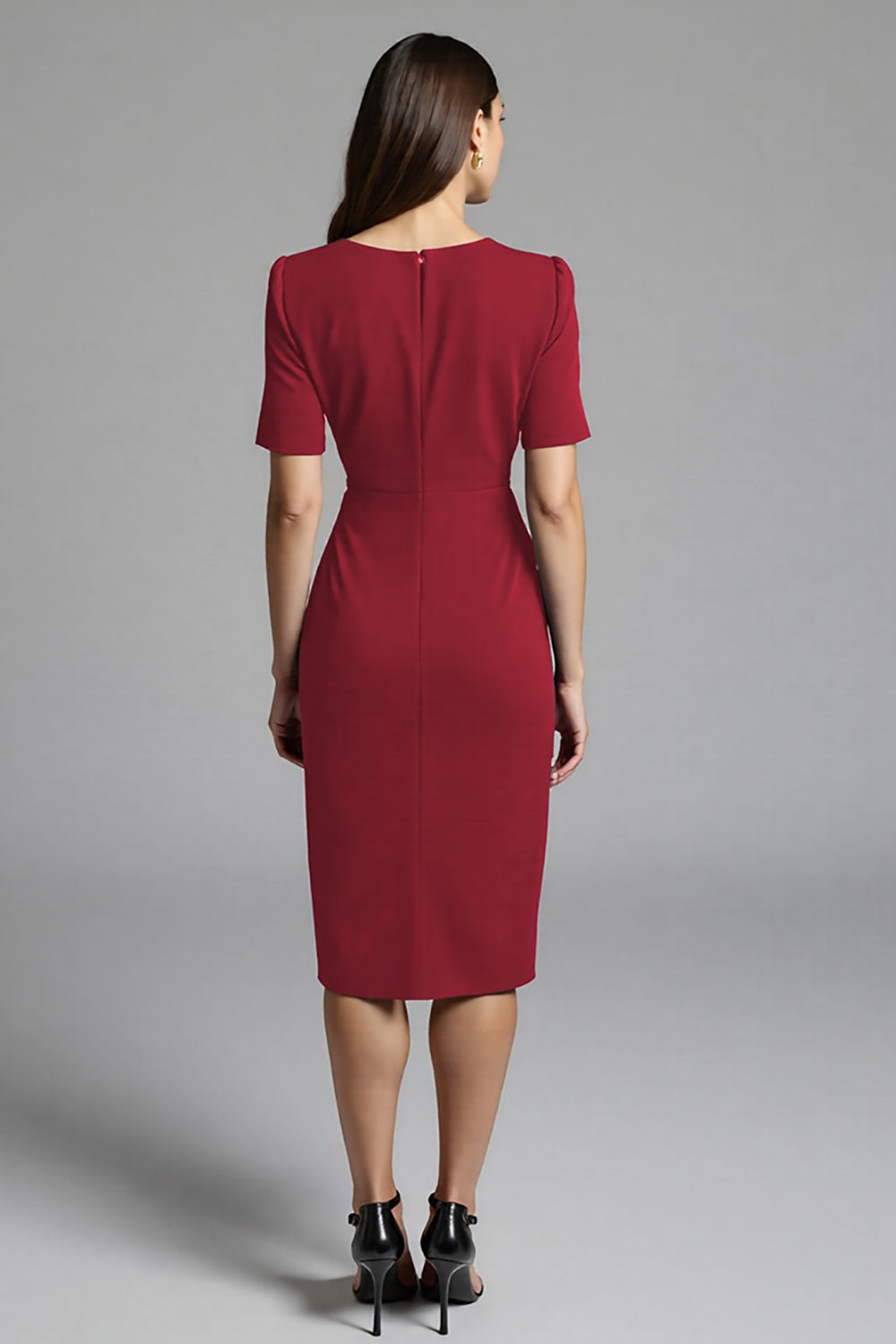 Navy Bodycon V-Neck Midi Satin Work Dress with Short Sleeves