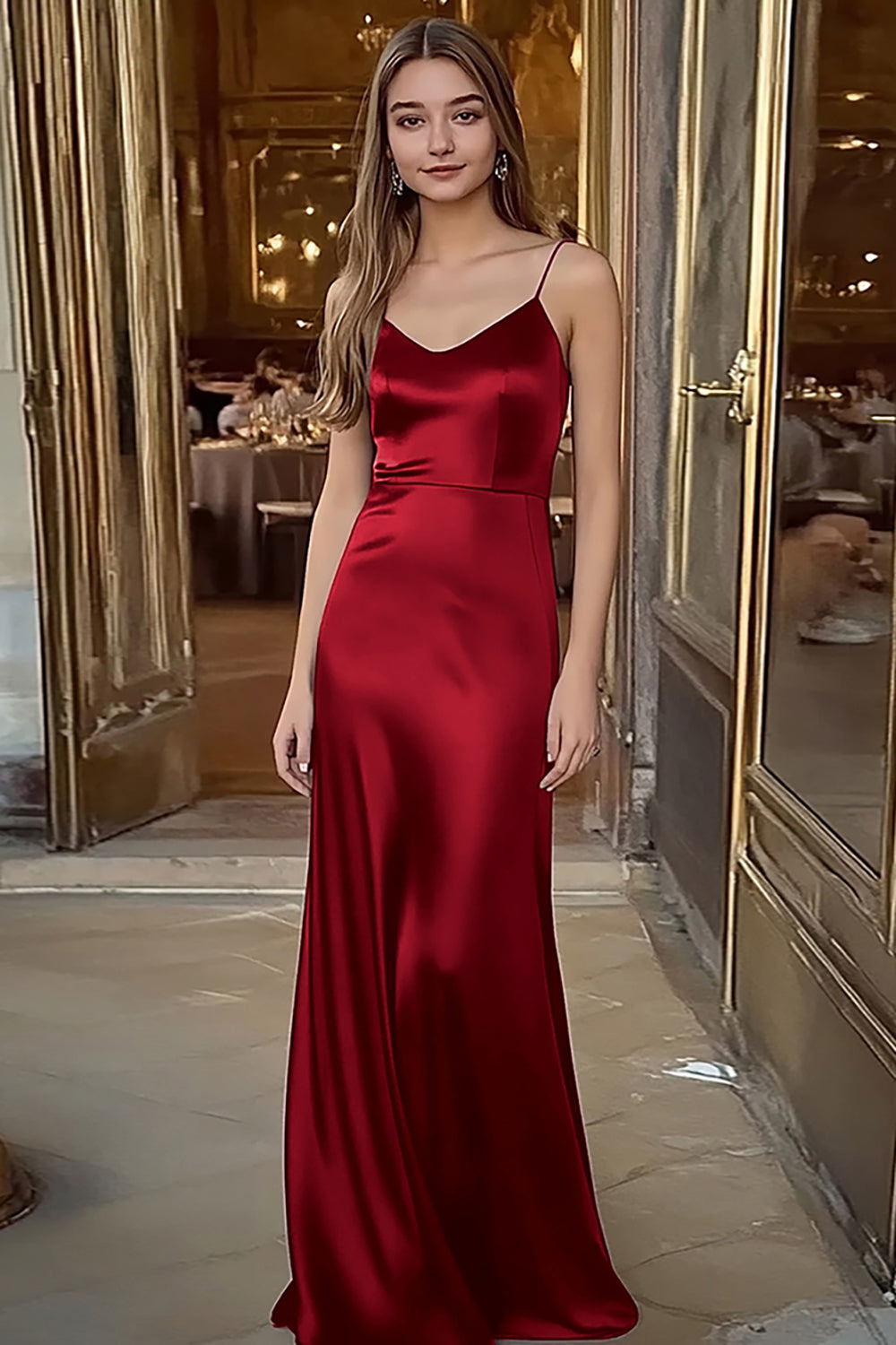 Royal Blue Satin Spaghetti Straps Long Sheath Formal Dress