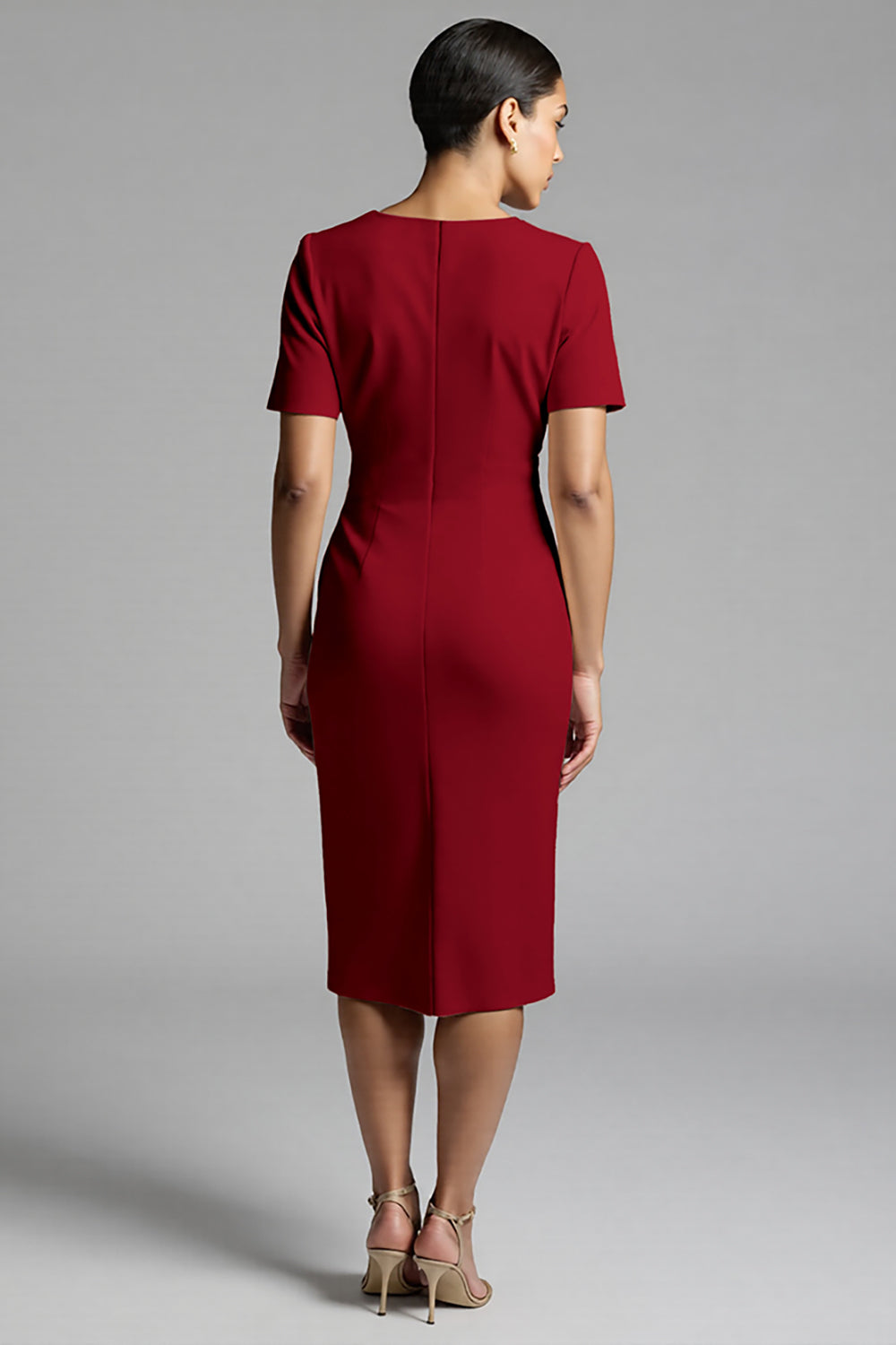 Champagne Bodycon V-Neck Midi Satin Work Dress with Short Sleeves