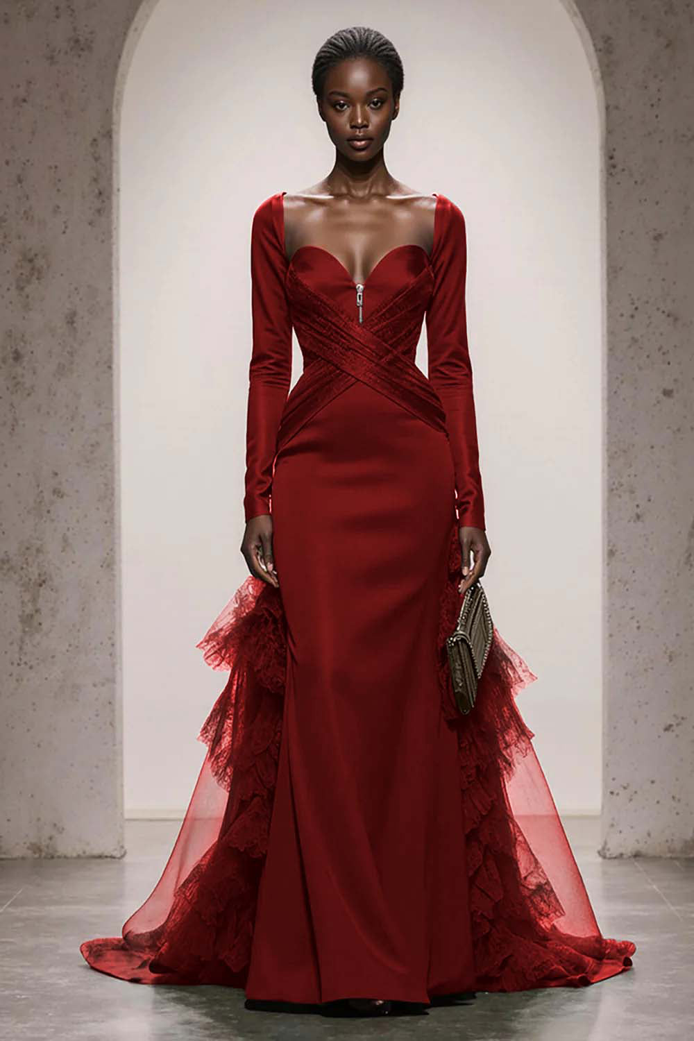 Dark Green Satin Mermaid Sweetheart Long Sleeves Formal Dress with Ruffles