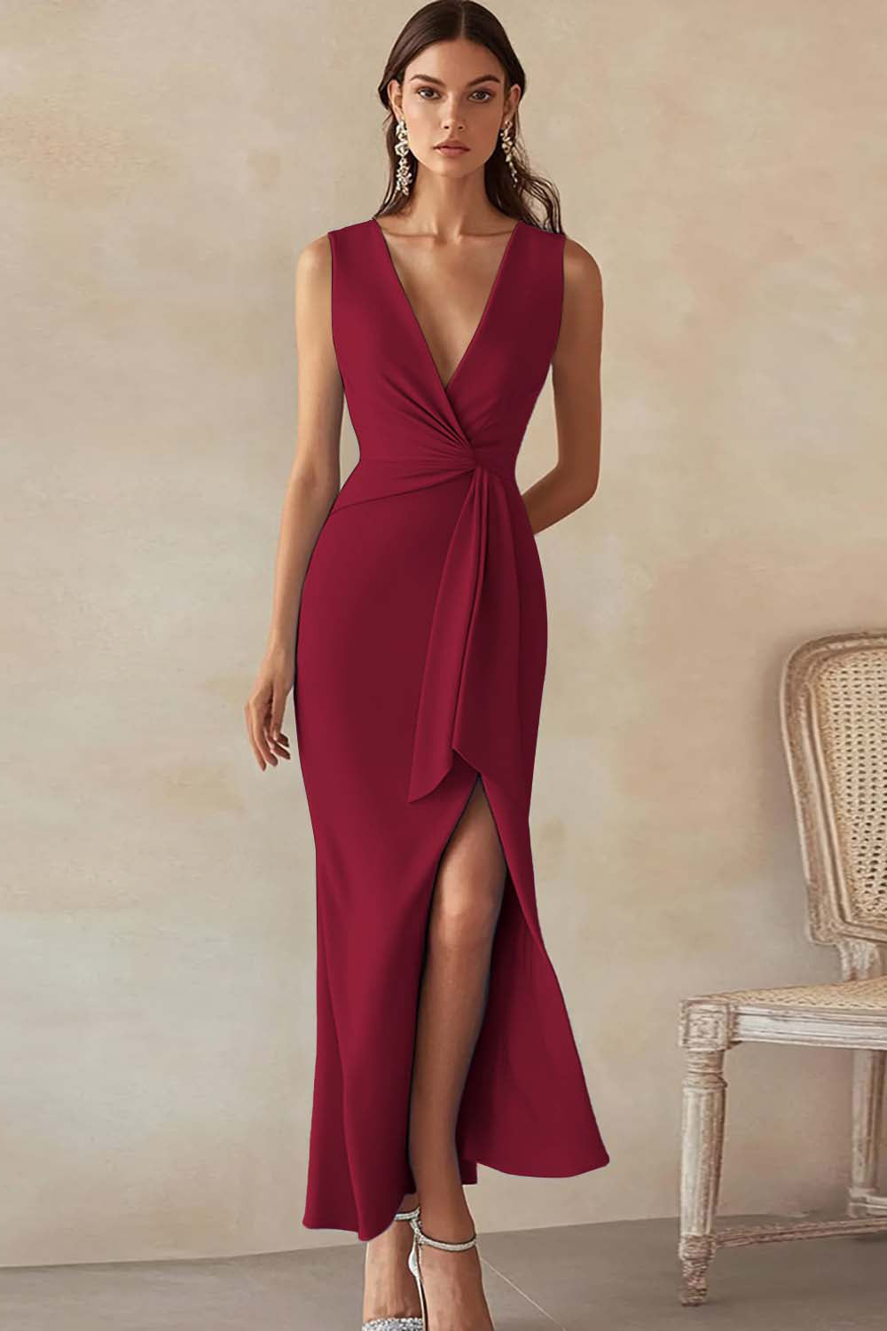 Sky Blue Satin Sheath Deep V-Neck Long Work Dress with Slit