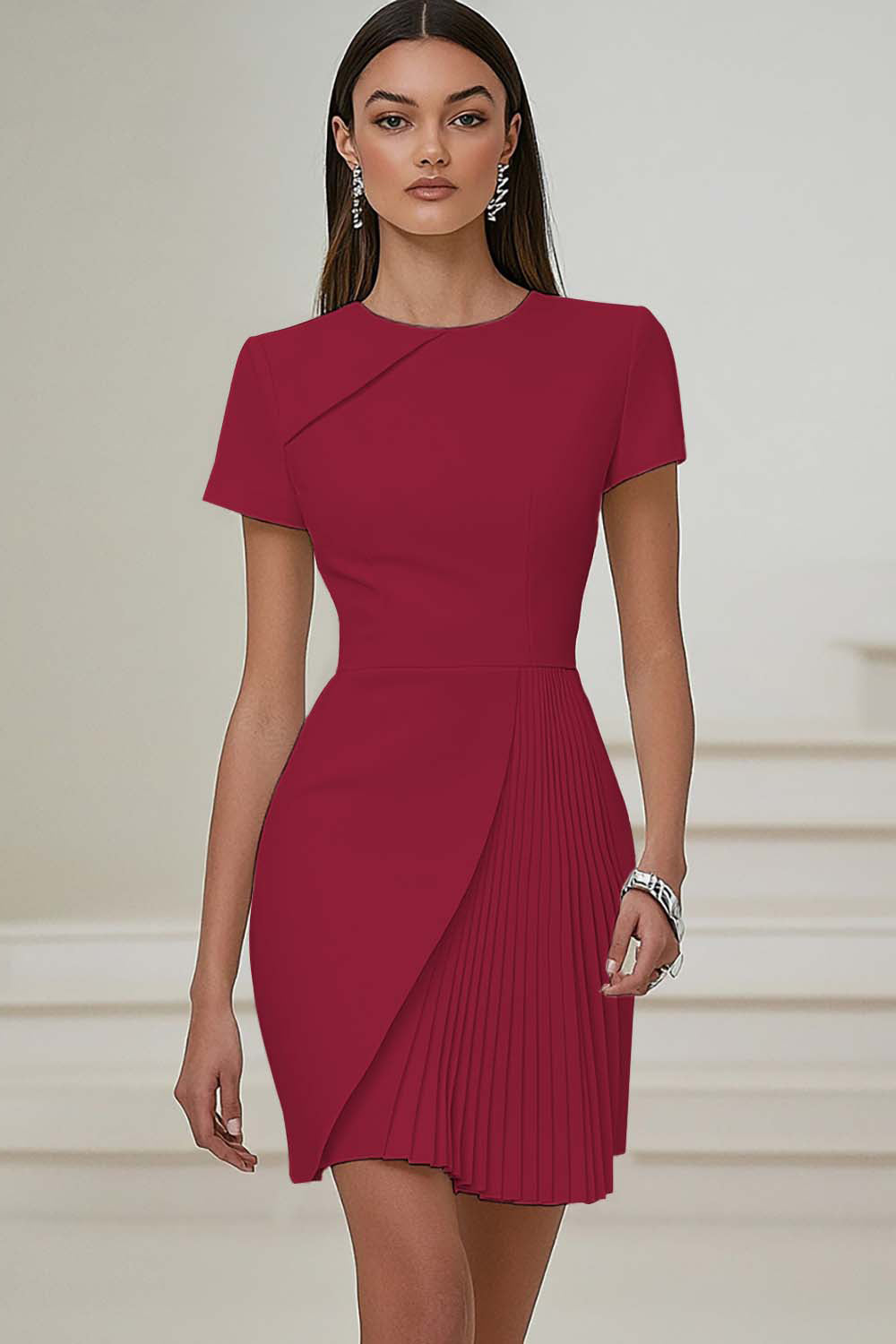 White Bodycon Round Neck Satin Short Sleeve Work Dress
