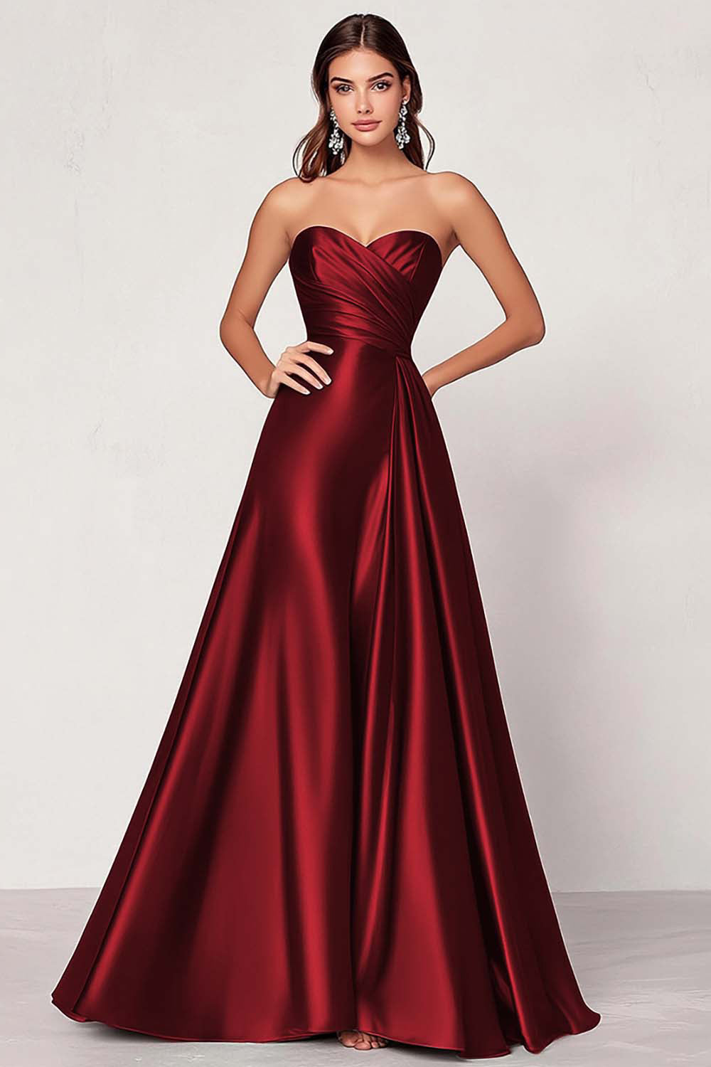Dusty Blue Satin A Line Sweetheart Long Ruched Prom Dress