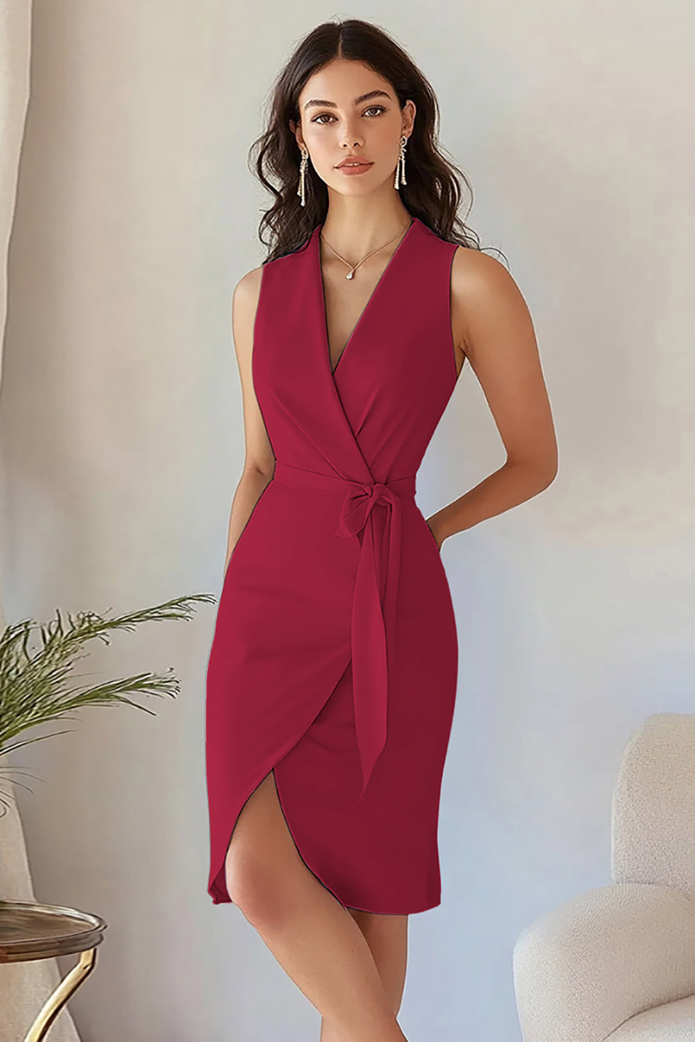 Sky Blue Satin Bodycon V-Neck Sleeveless Short Work Blazer Dress
