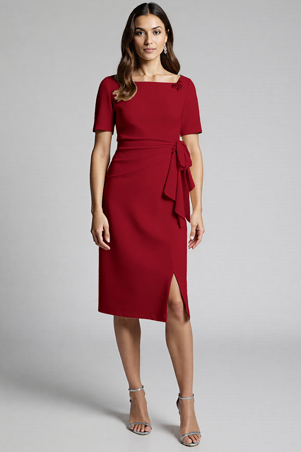 Dusty Blue Bodycon Square Neck Midi Satin Work Dress with Slit