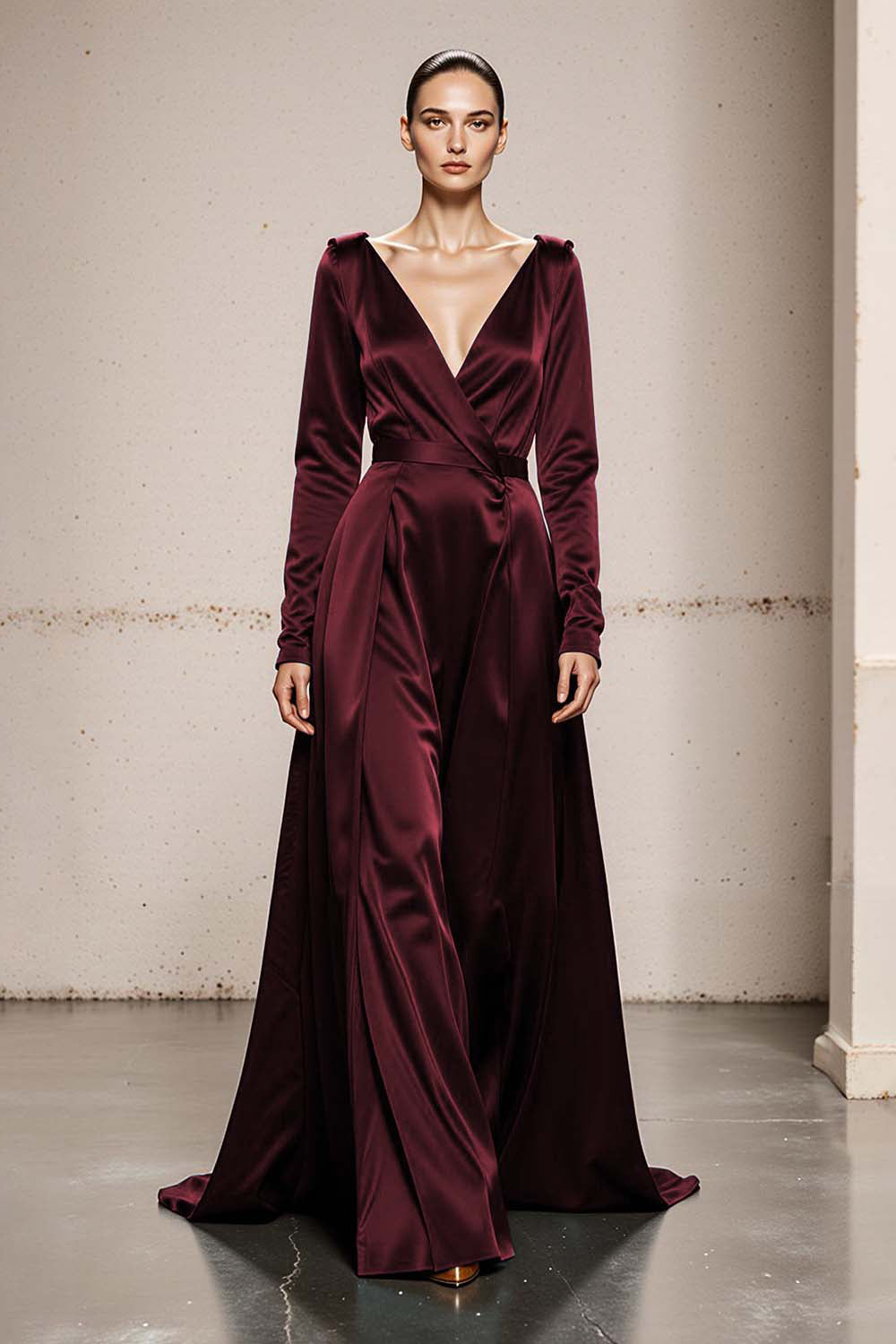 Peacock Green V-Neck Satin A Line Long Formal Dress with Sleeves