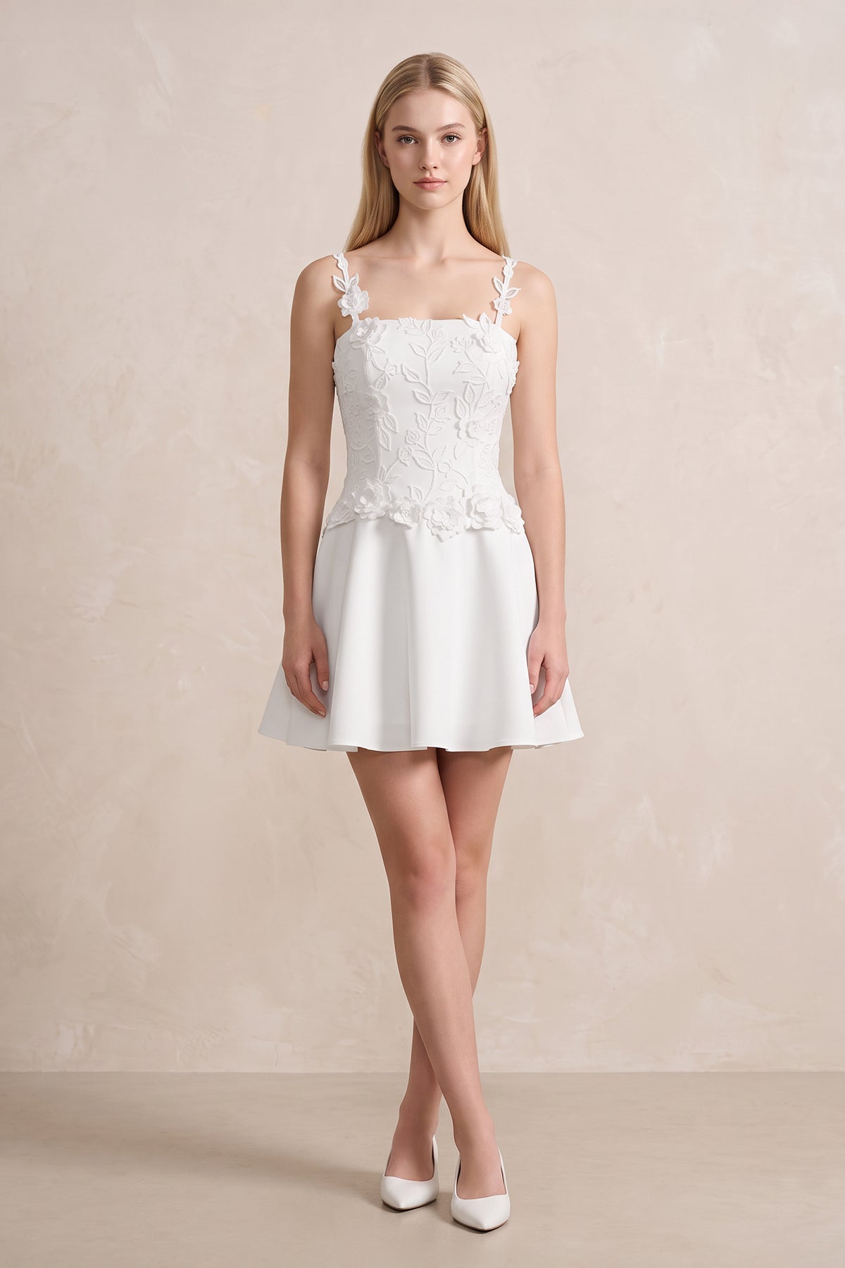 3D Flower A-Line Satin Mini Wedding Dress in White