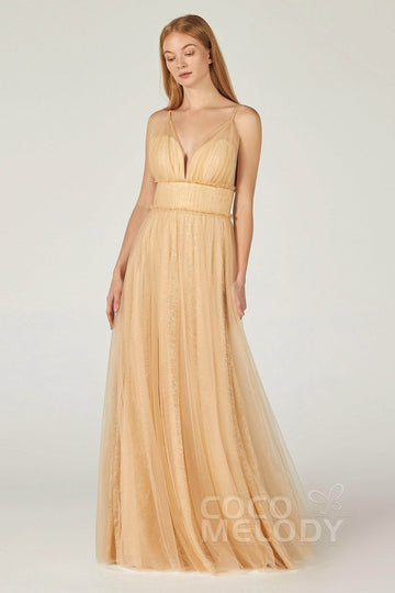 A-Line Floor Length Tulle Lace Bridesmaid Dress CB0374