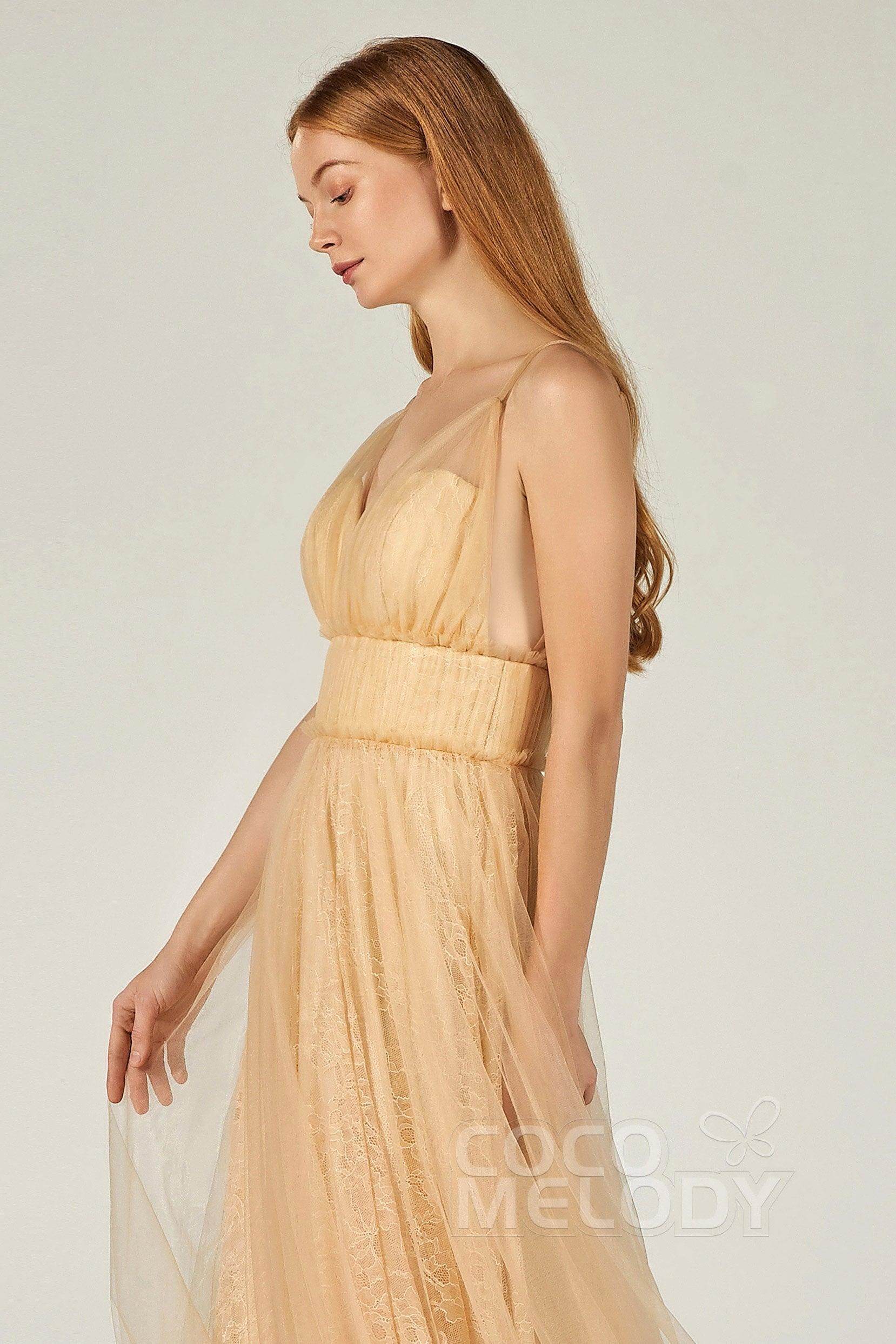 A-Line Floor Length Tulle Lace Bridesmaid Dress CB0374