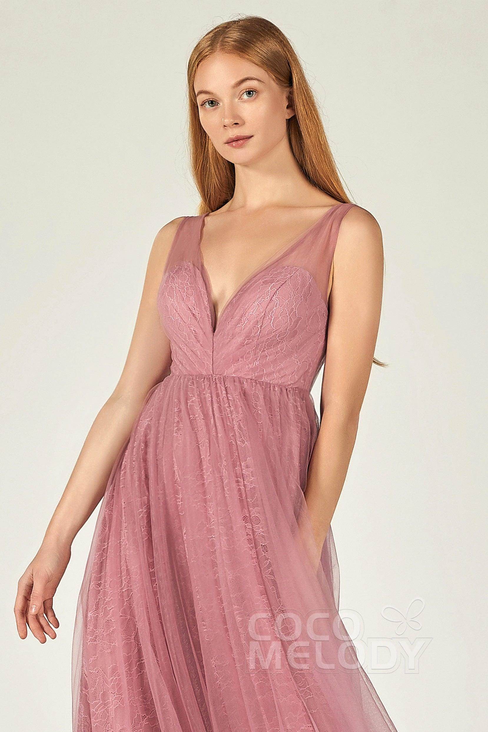 A-Line Floor Length Tulle Lace Bridesmaid Dress CB0375