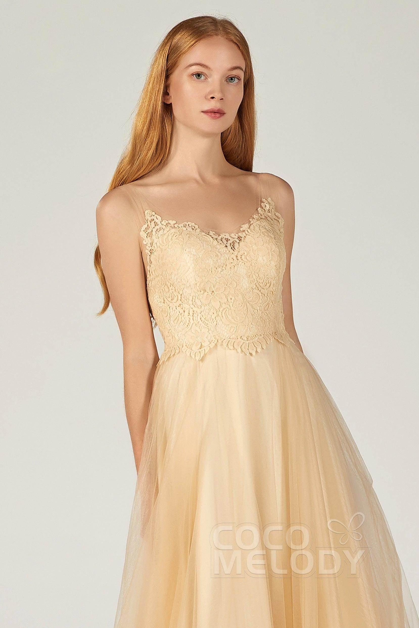 A-Line Floor Length Tulle Lace Bridesmaid Dress CB0378