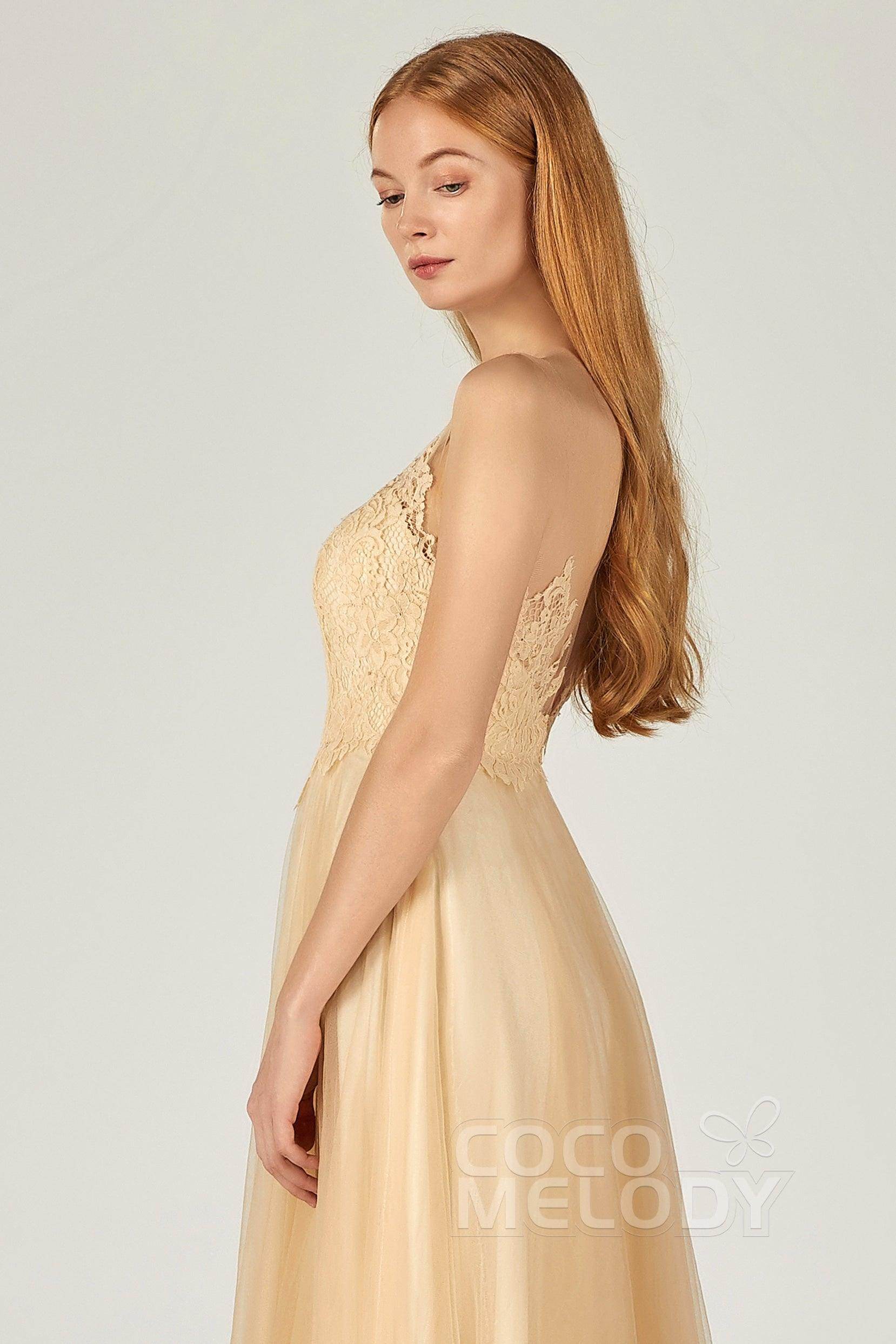 A-Line Floor Length Tulle Lace Bridesmaid Dress CB0378