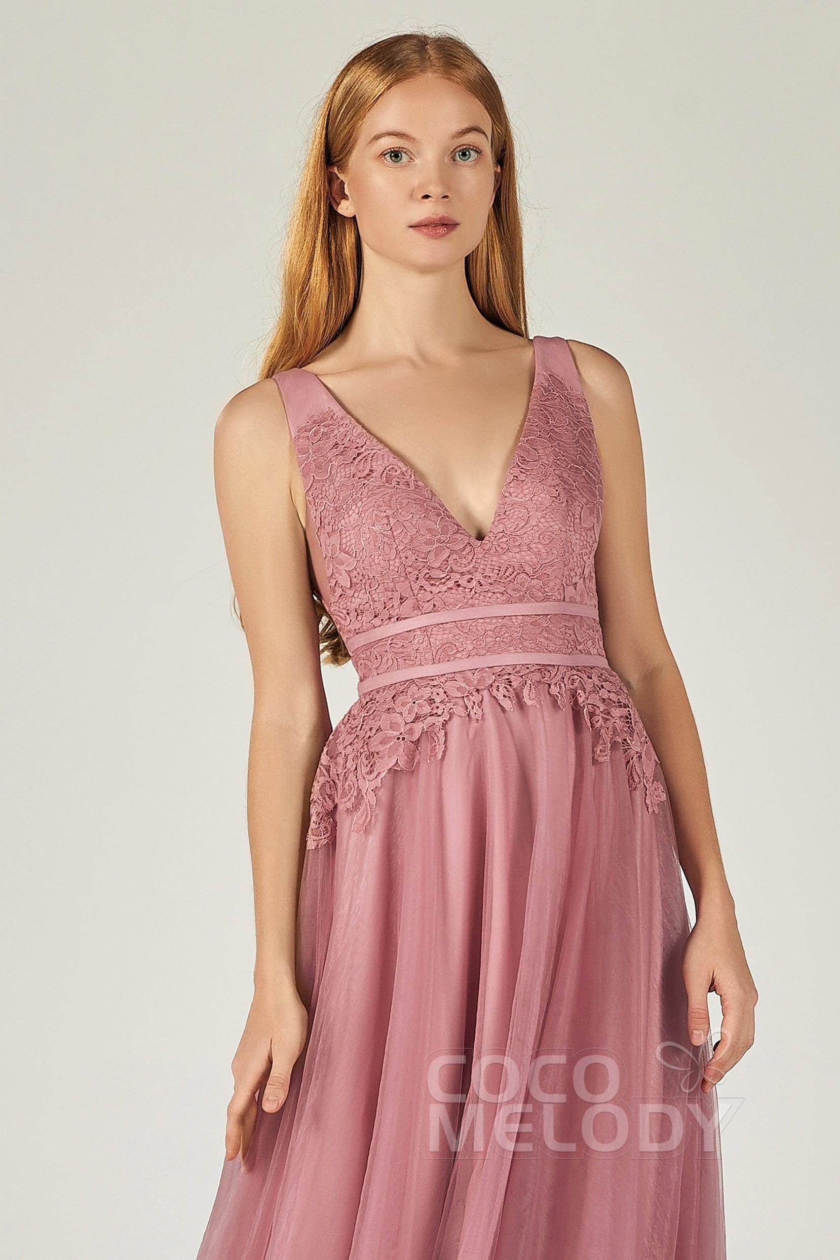 A-Line Floor Length Tulle Lace Bridesmaid Dress CB0379