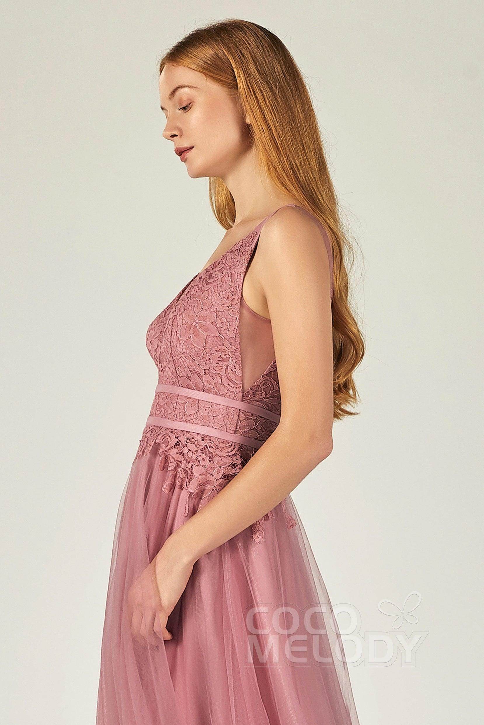 A-Line Floor Length Tulle Lace Bridesmaid Dress CB0379