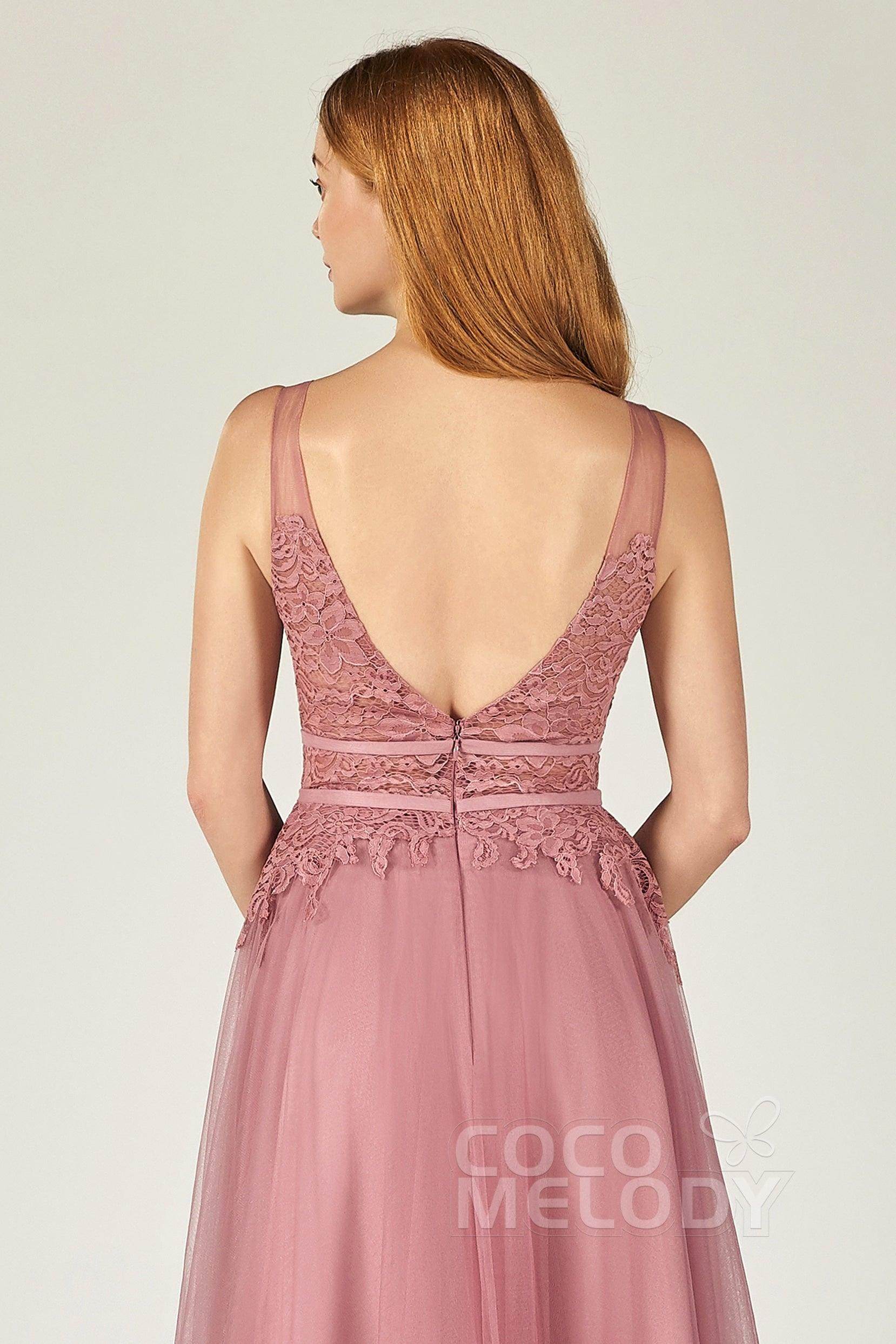 A-Line Floor Length Tulle Lace Bridesmaid Dress CB0379