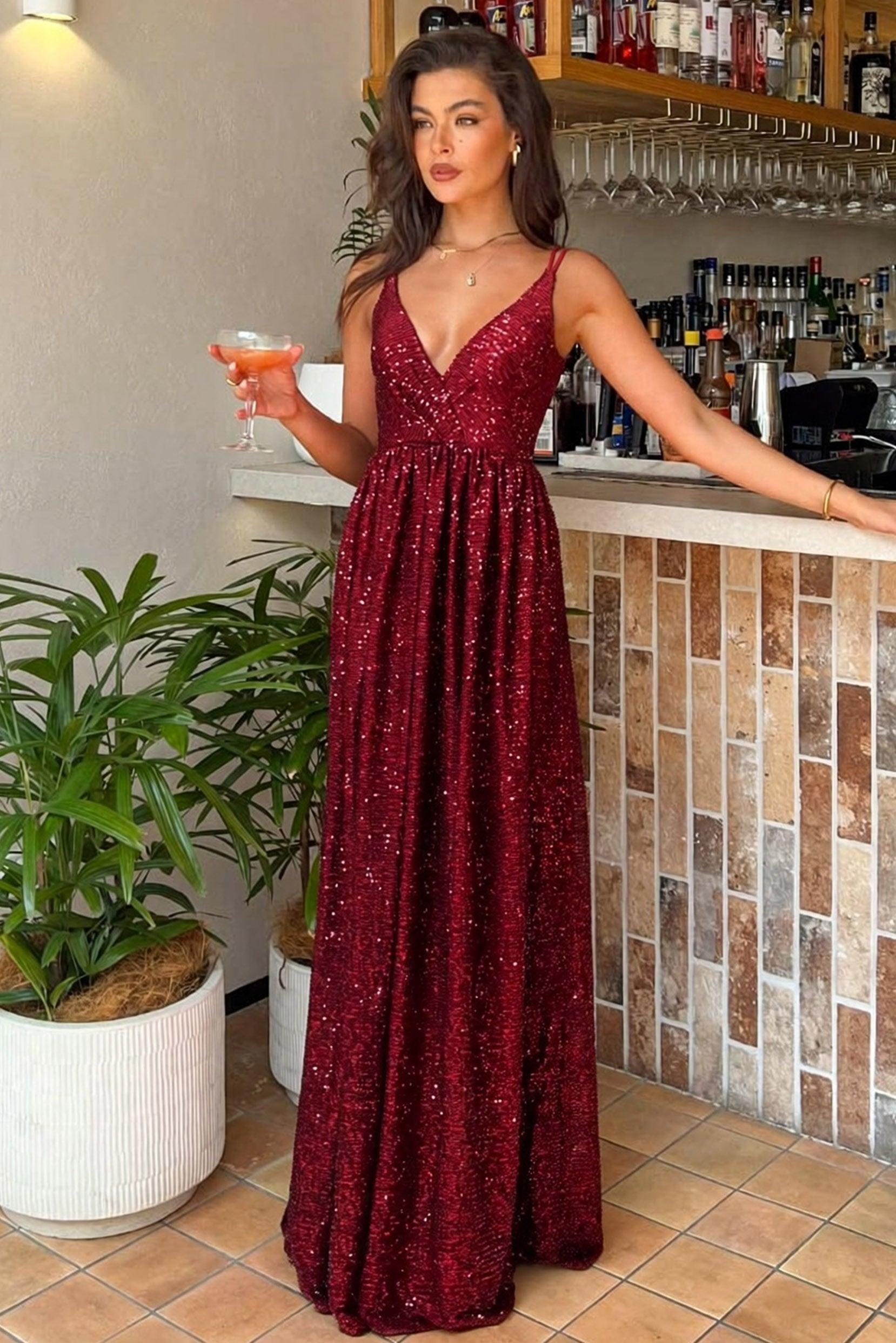 A-Line Floor Length Sequined Dress CB0408