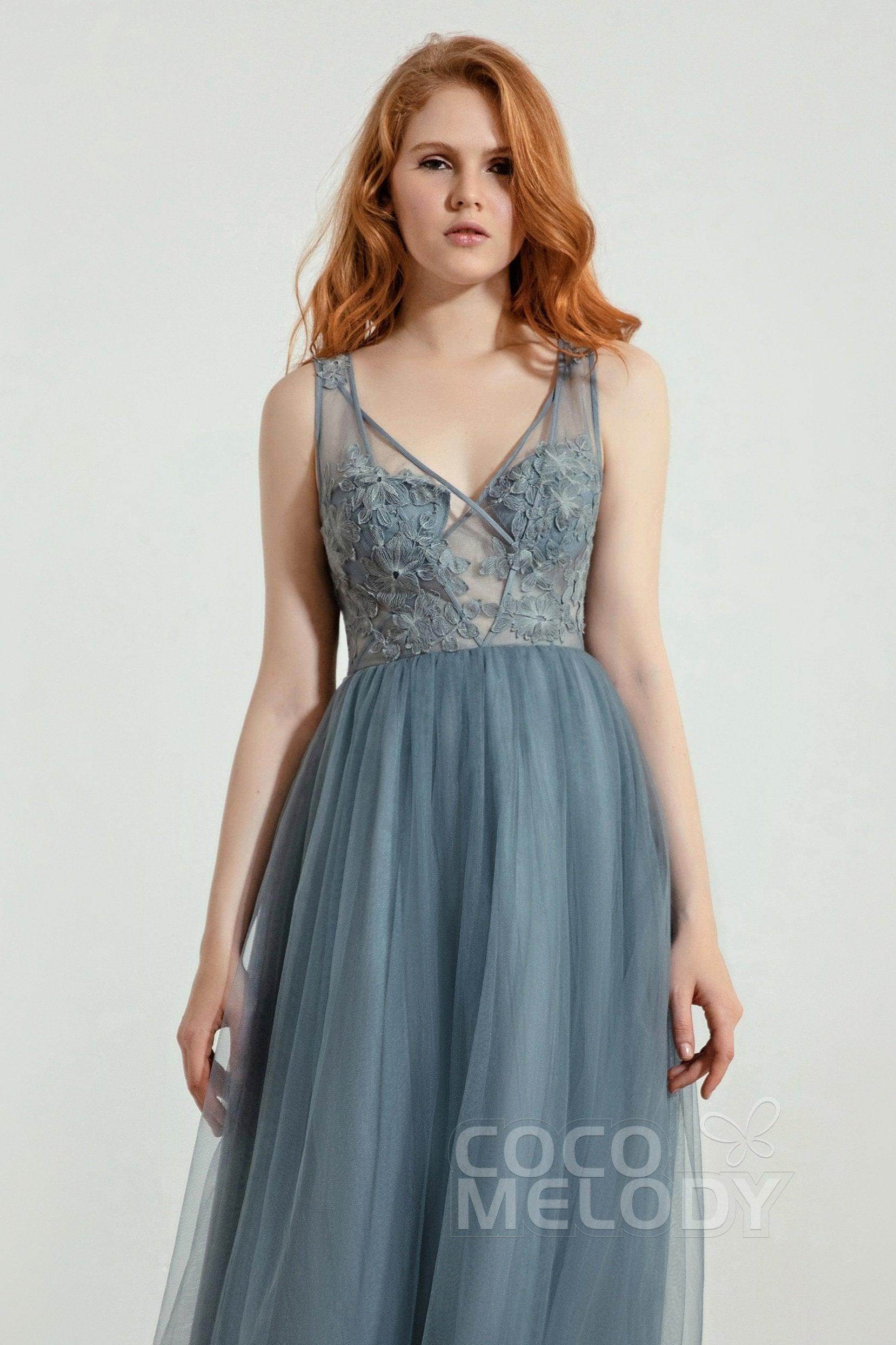 A-Line Floor Length Tulle Lace Bridesmaid Dress CB0436