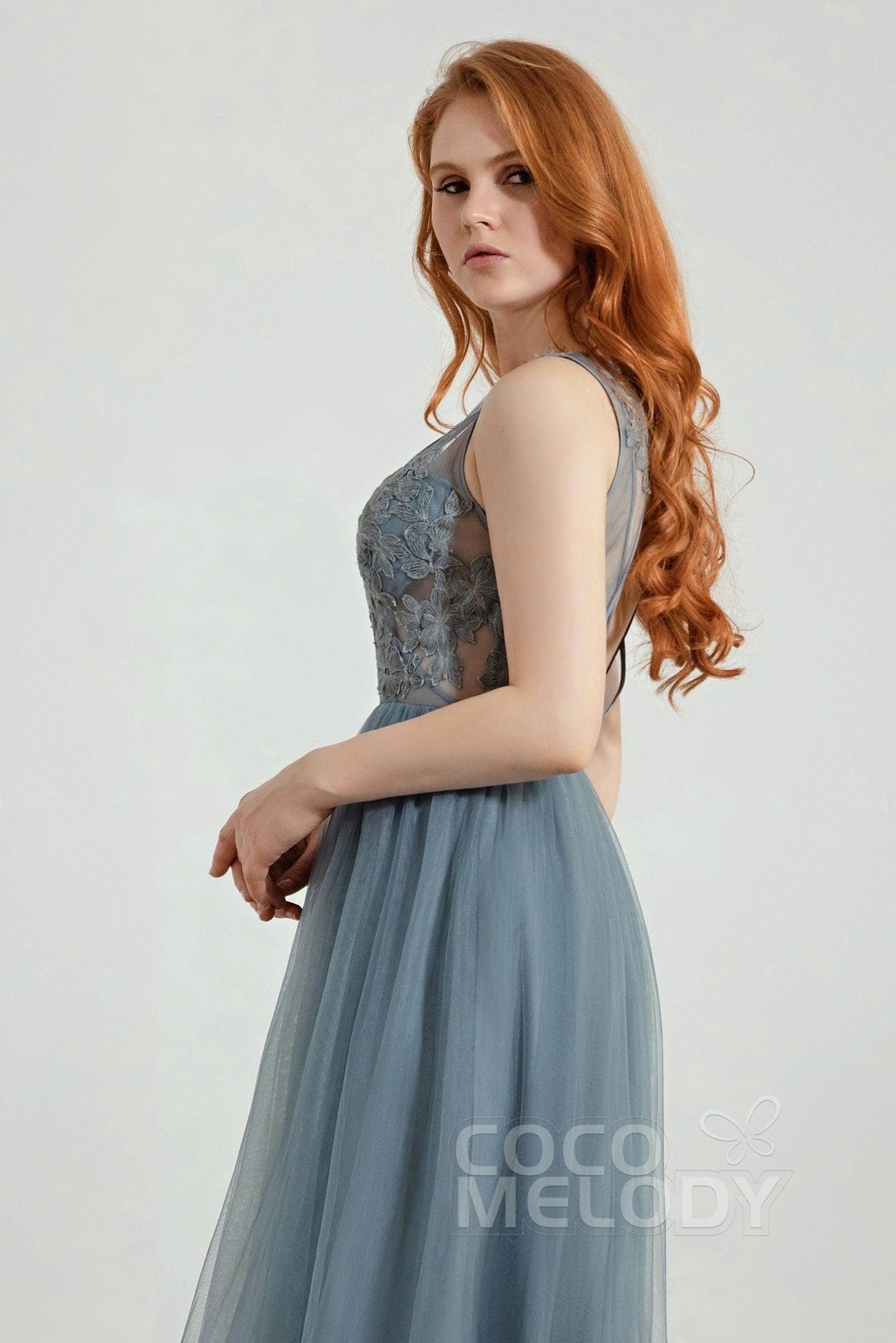 A-Line Floor Length Tulle Lace Bridesmaid Dress CB0436