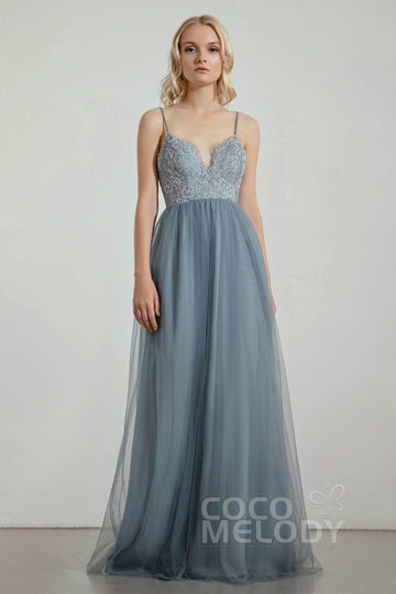 A-Line Floor Length Tulle Lace Bridesmaid Dress CB0437