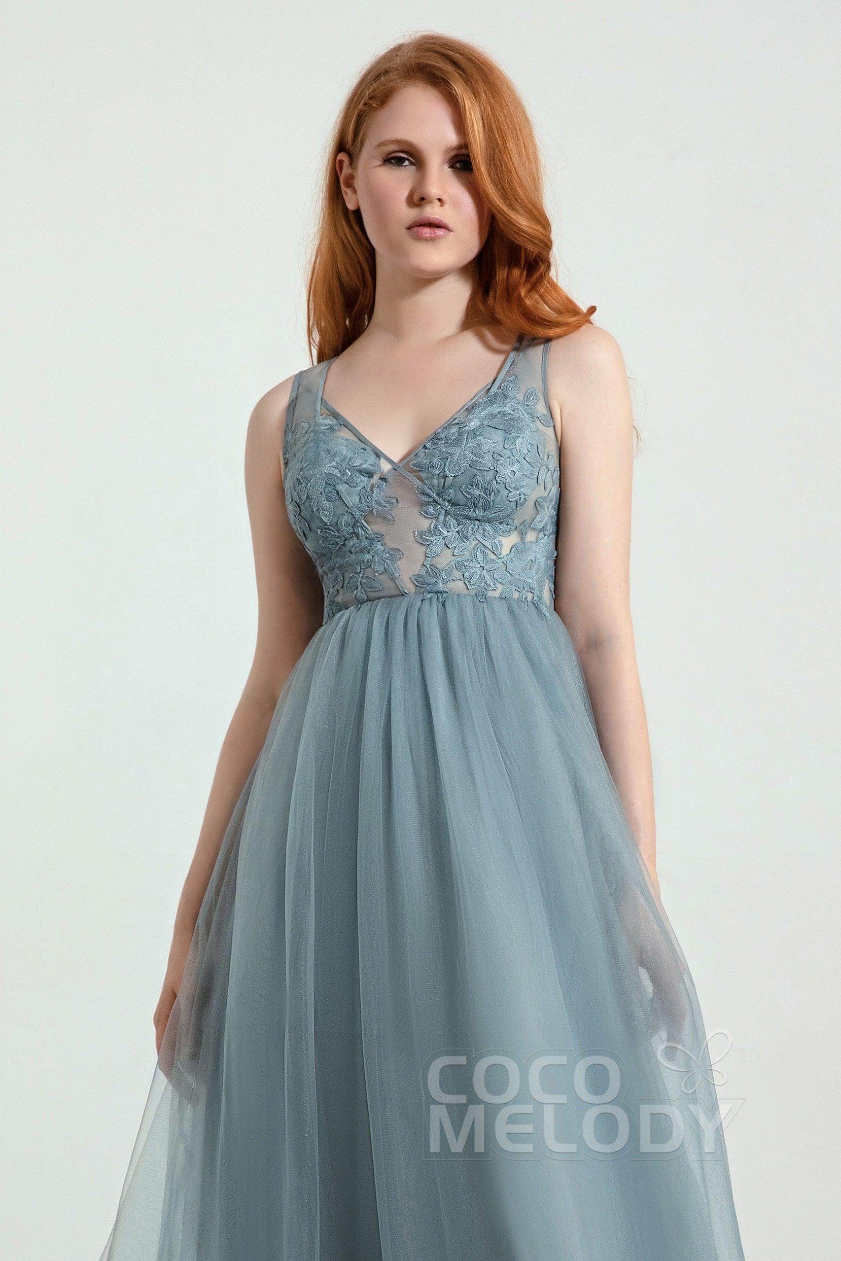 A-Line Floor Length Tulle Lace Bridesmaid Dress CB0438