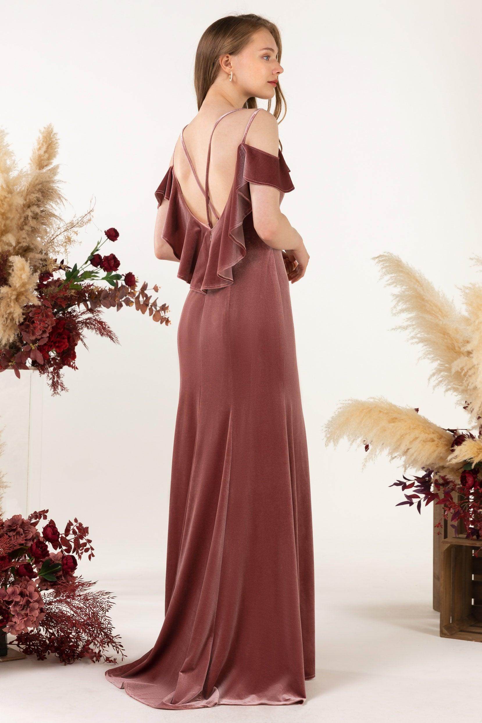 Trumpet Sweep-Brush Train Velvet Bridesmaid Dress Formal Dresses CB0526