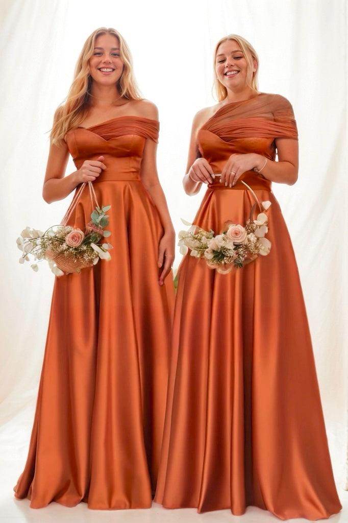 One-Shoulder Satin A-Line Bridesmaid Dress in Copper CB0802