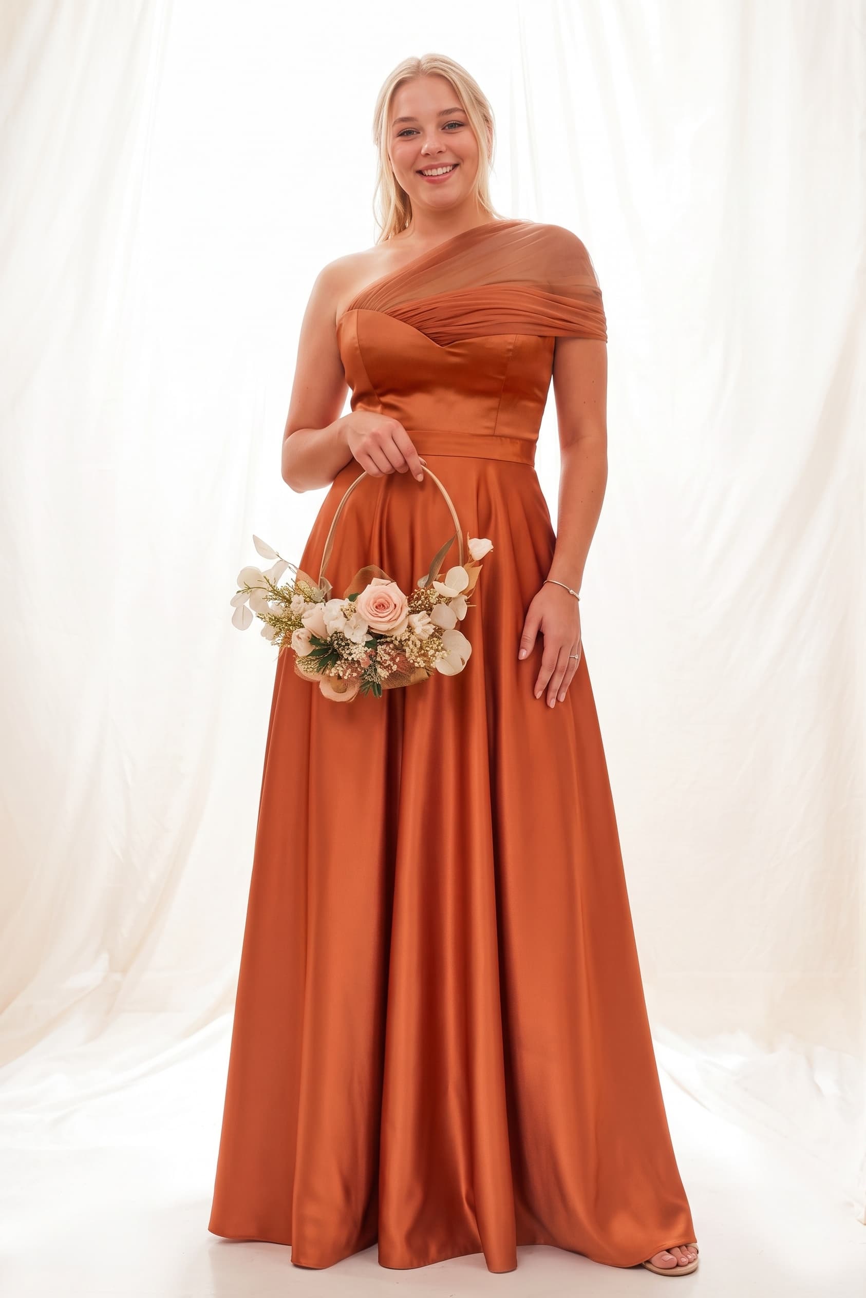 One-Shoulder Satin A-Line Bridesmaid Dress in Copper CB0802