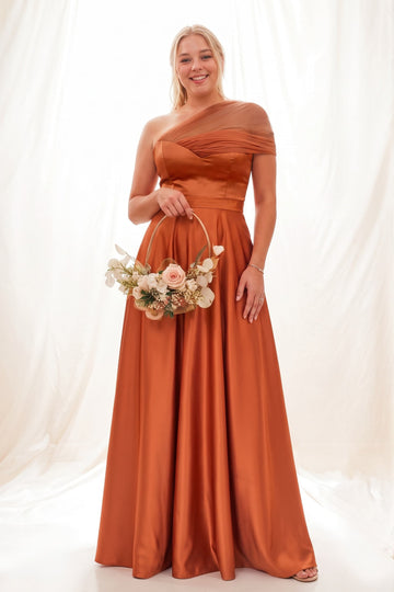 One-Shoulder Satin A-Line Bridesmaid Dress in Copper CB0802