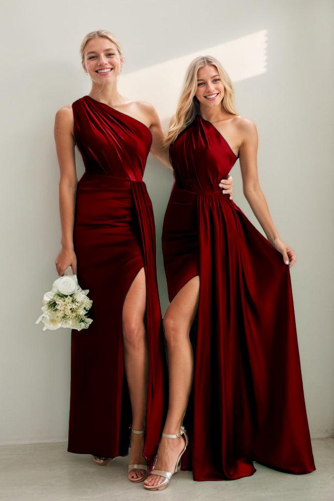 One Shoulder Satin Sheath Bridesmaid Dress with Split CB0808