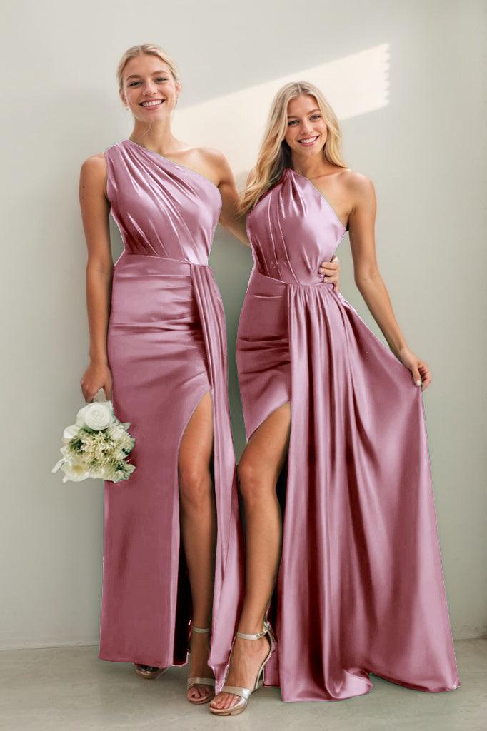 One Shoulder Satin Sheath Bridesmaid Dress with Split CB0808