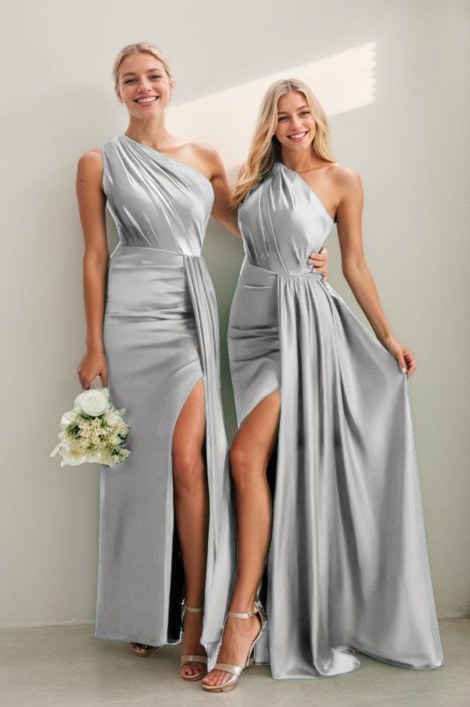 One Shoulder Satin Sheath Bridesmaid Dress with Split CB0808