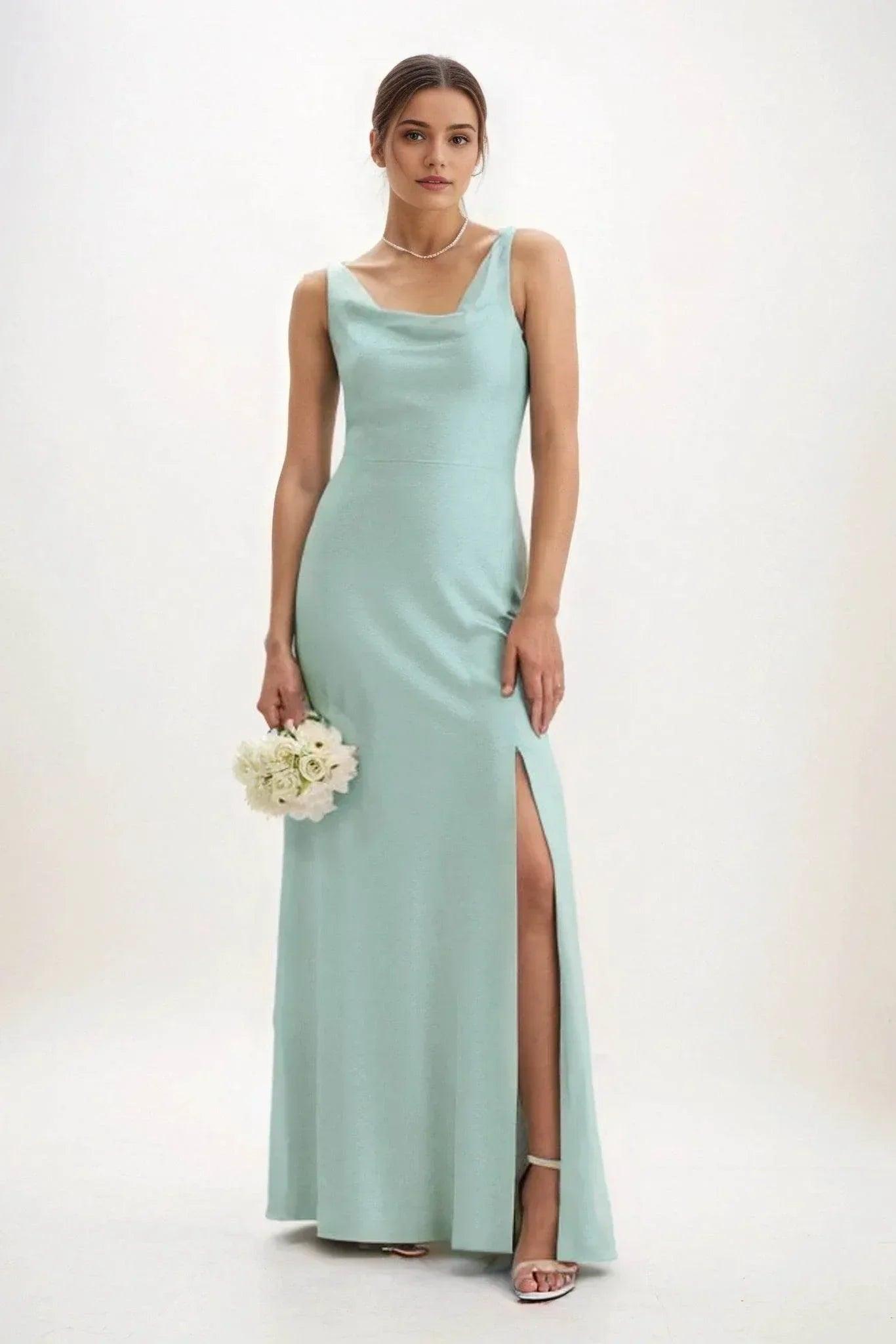 Sheath-Column Maxi Luxe Satin Bridesmaid Dress CB0816