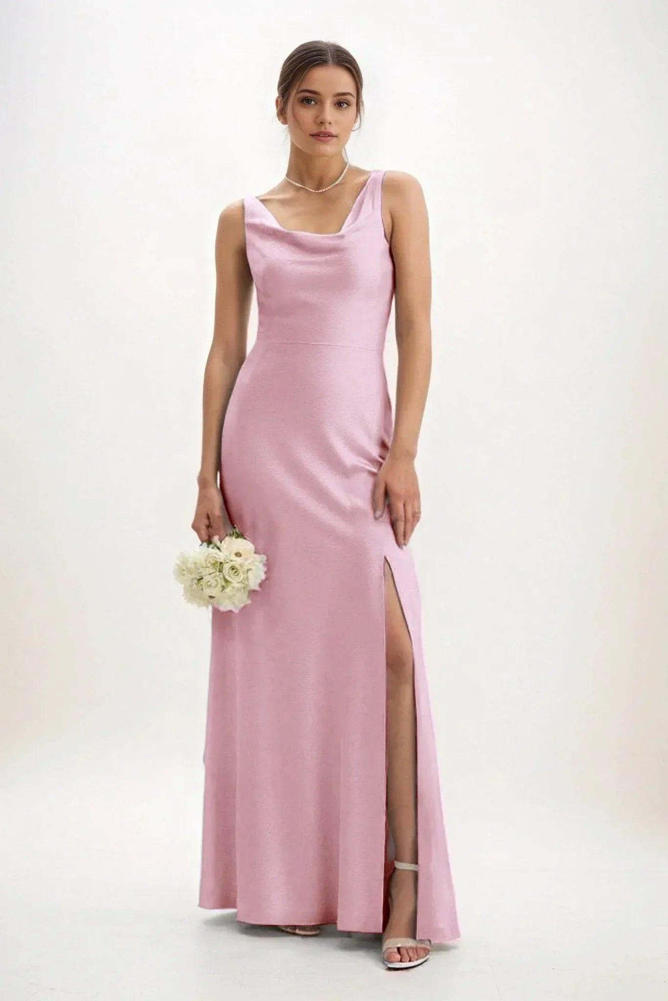 Sheath-Column Maxi Luxe Satin Bridesmaid Dress CB0816