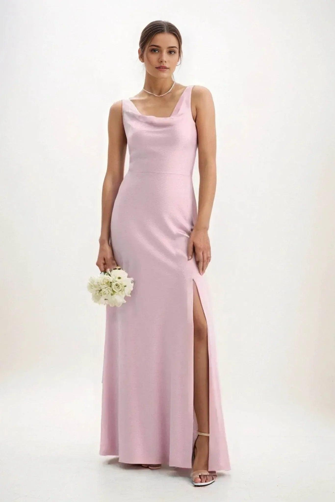 Sheath-Column Maxi Luxe Satin Bridesmaid Dress CB0816