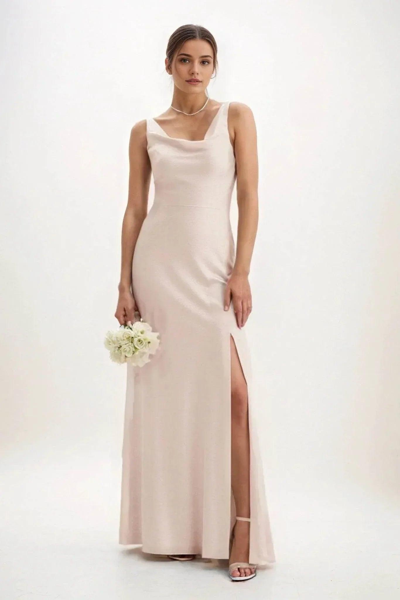 Sheath-Column Maxi Luxe Satin Bridesmaid Dress CB0816