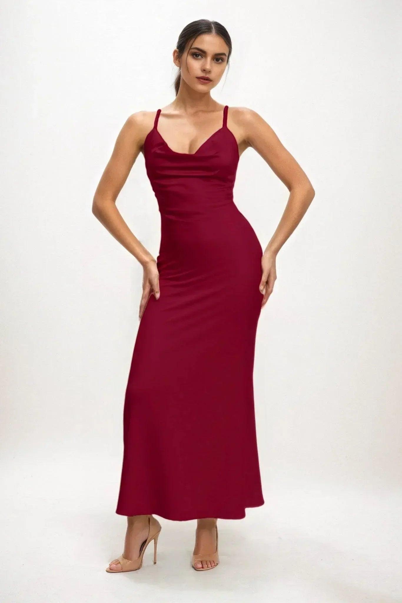 Sheath-Column Midi Luxe Satin Bridesmaid Dress CB0831