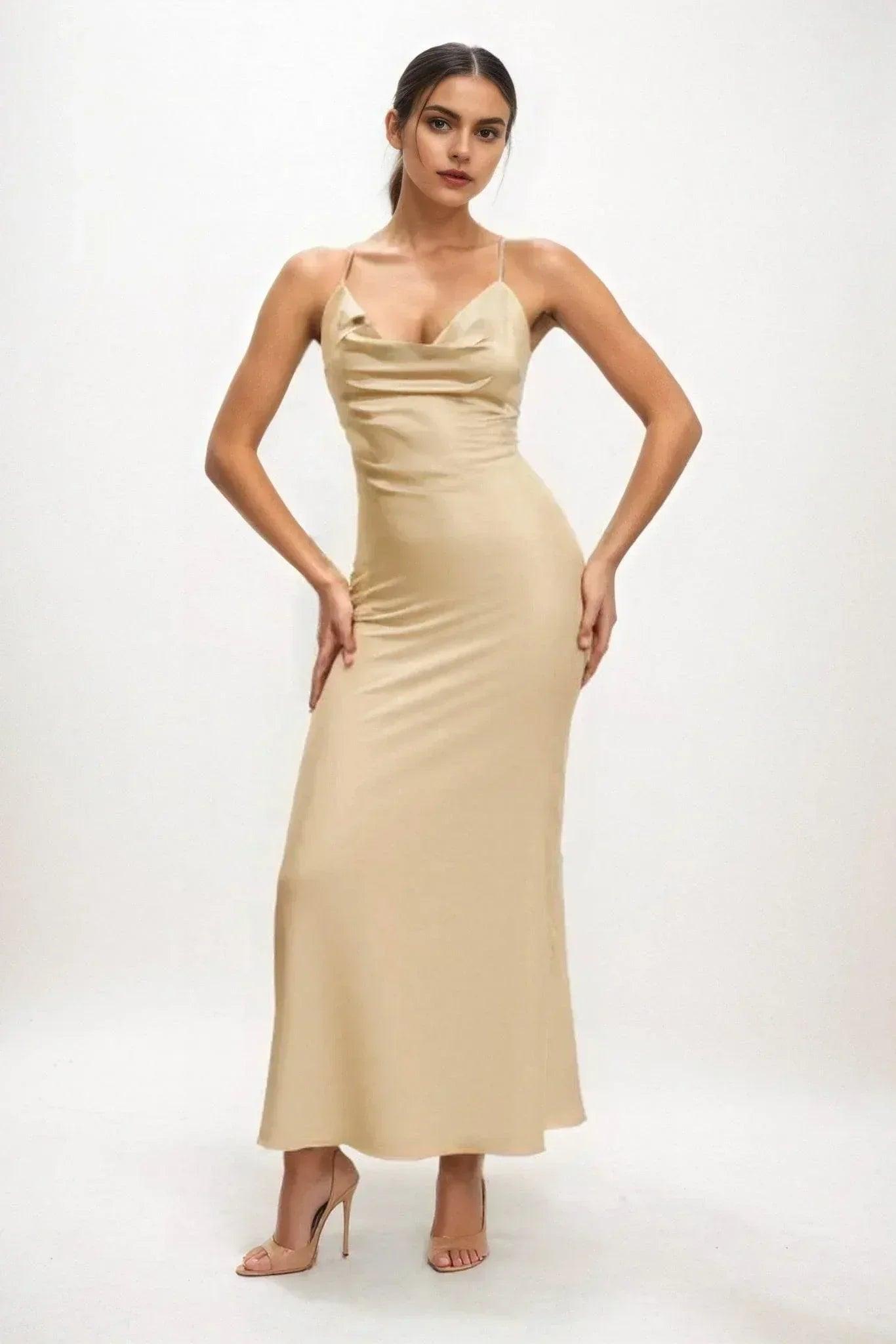 Sheath-Column Midi Luxe Satin Bridesmaid Dress CB0831