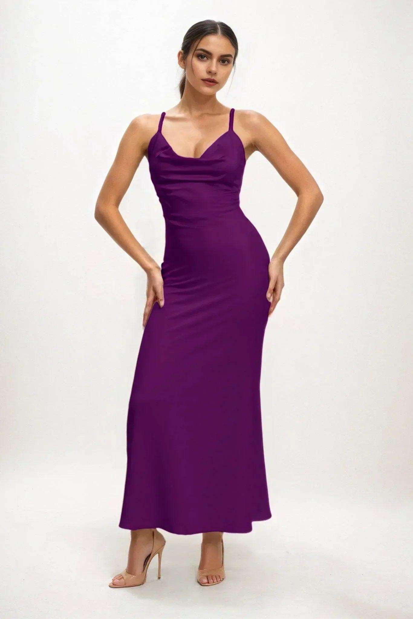 Sheath-Column Midi Luxe Satin Bridesmaid Dress CB0831