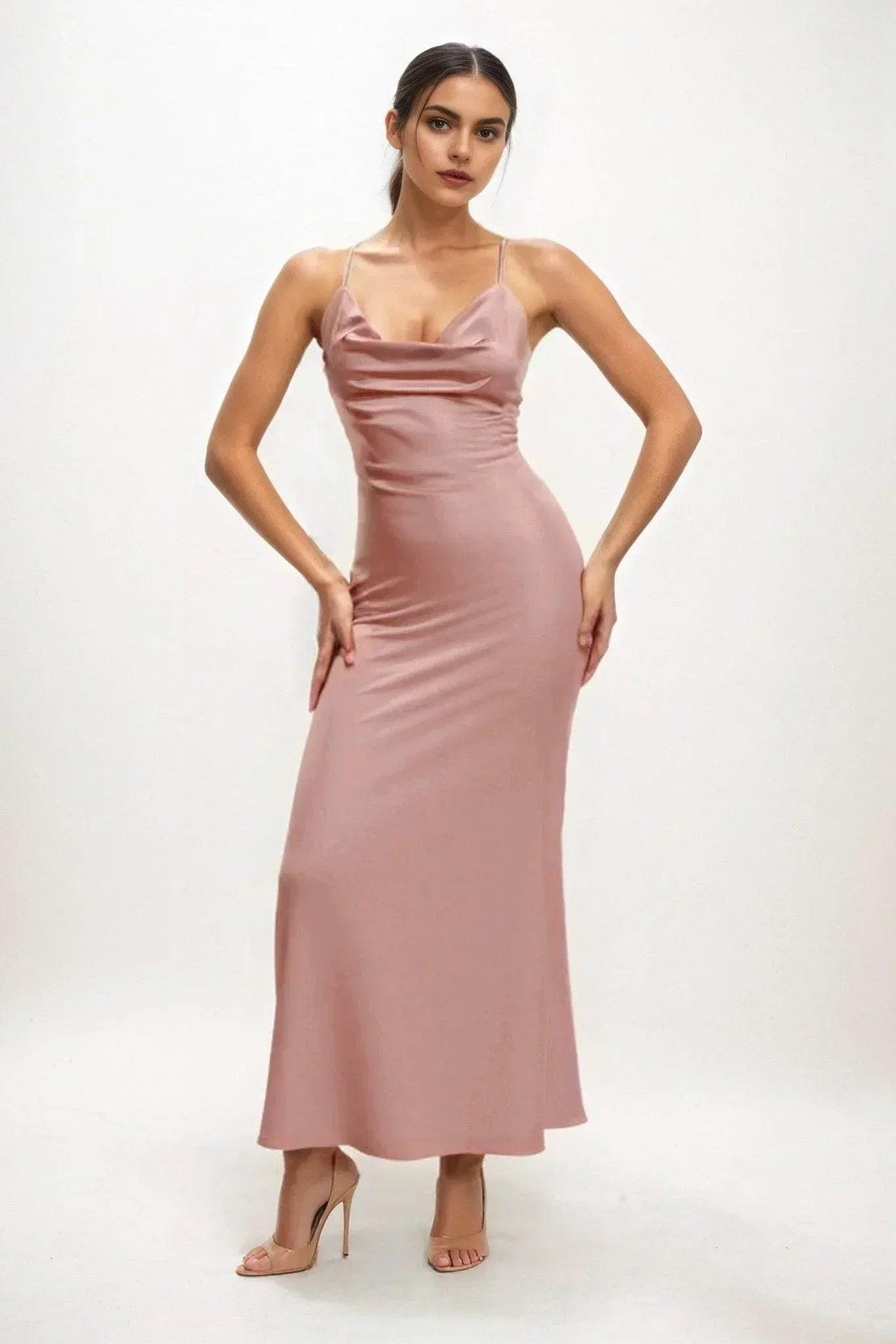 Sheath-Column Midi Luxe Satin Bridesmaid Dress CB0831