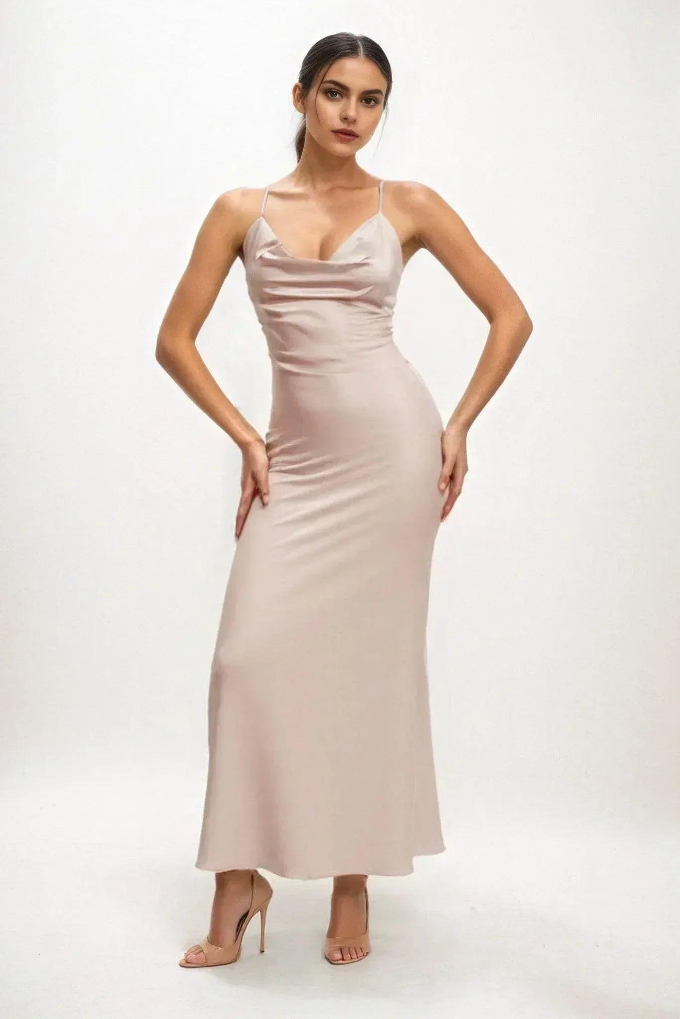 Sheath-Column Midi Luxe Satin Bridesmaid Dress CB0831
