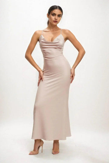 Sheath-Column Midi Luxe Satin Bridesmaid Dress CB0831