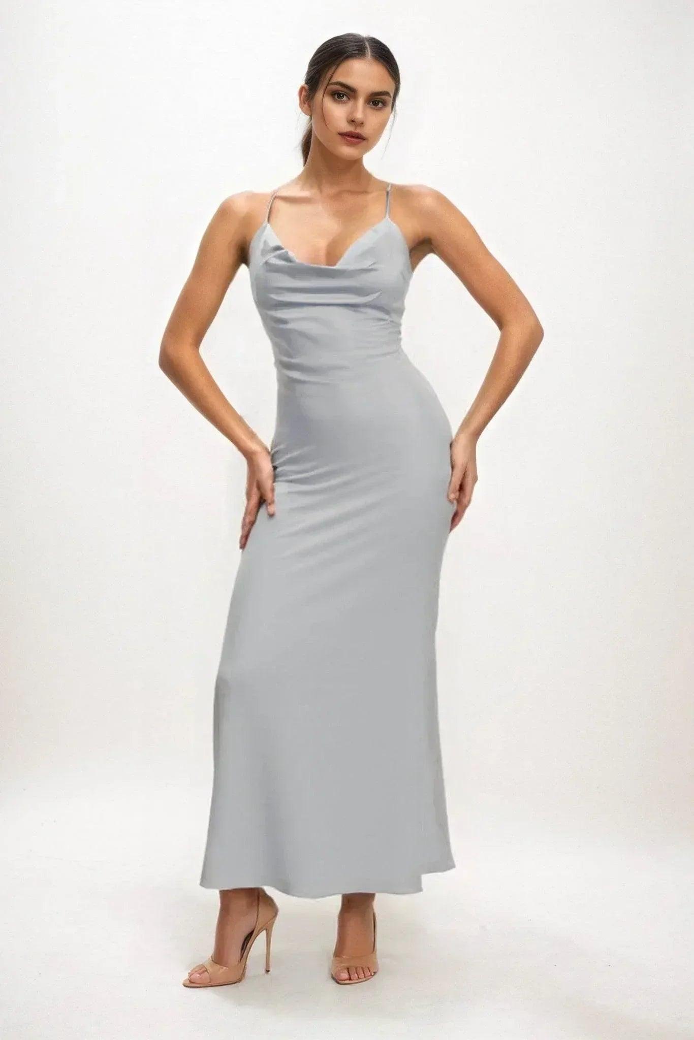 Sheath-Column Midi Luxe Satin Bridesmaid Dress CB0831