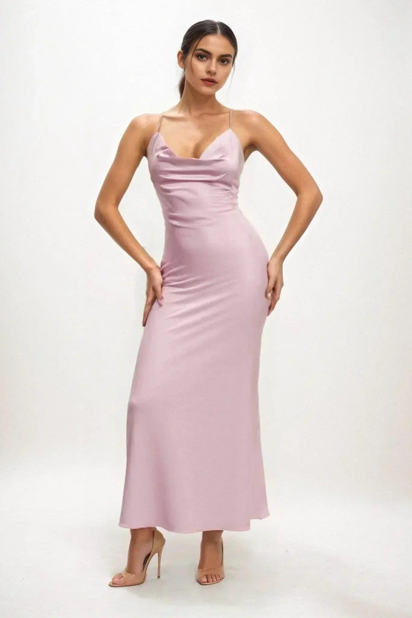 Sheath-Column Midi Luxe Satin Bridesmaid Dress CB0831