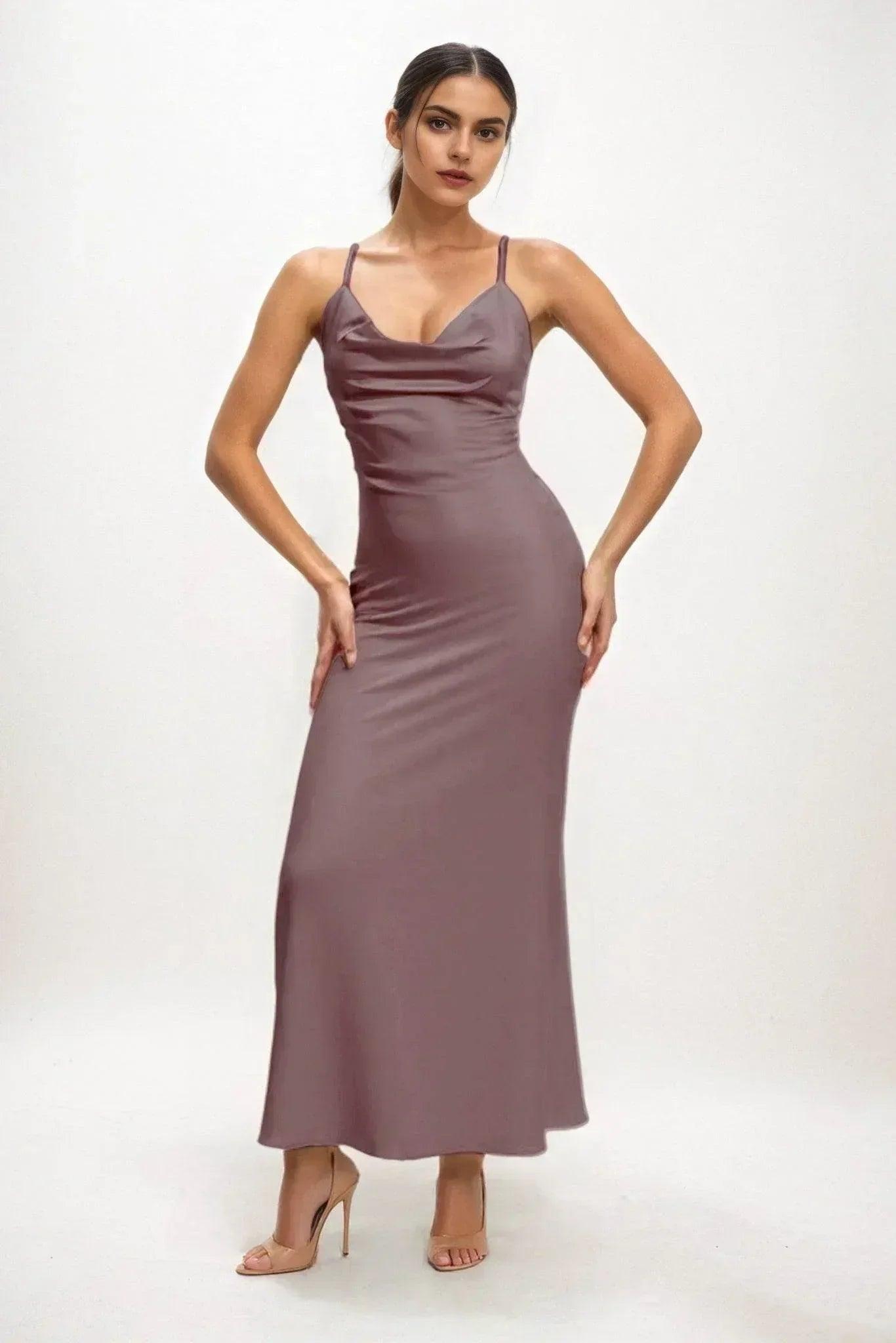 Sheath-Column Midi Luxe Satin Bridesmaid Dress CB0831