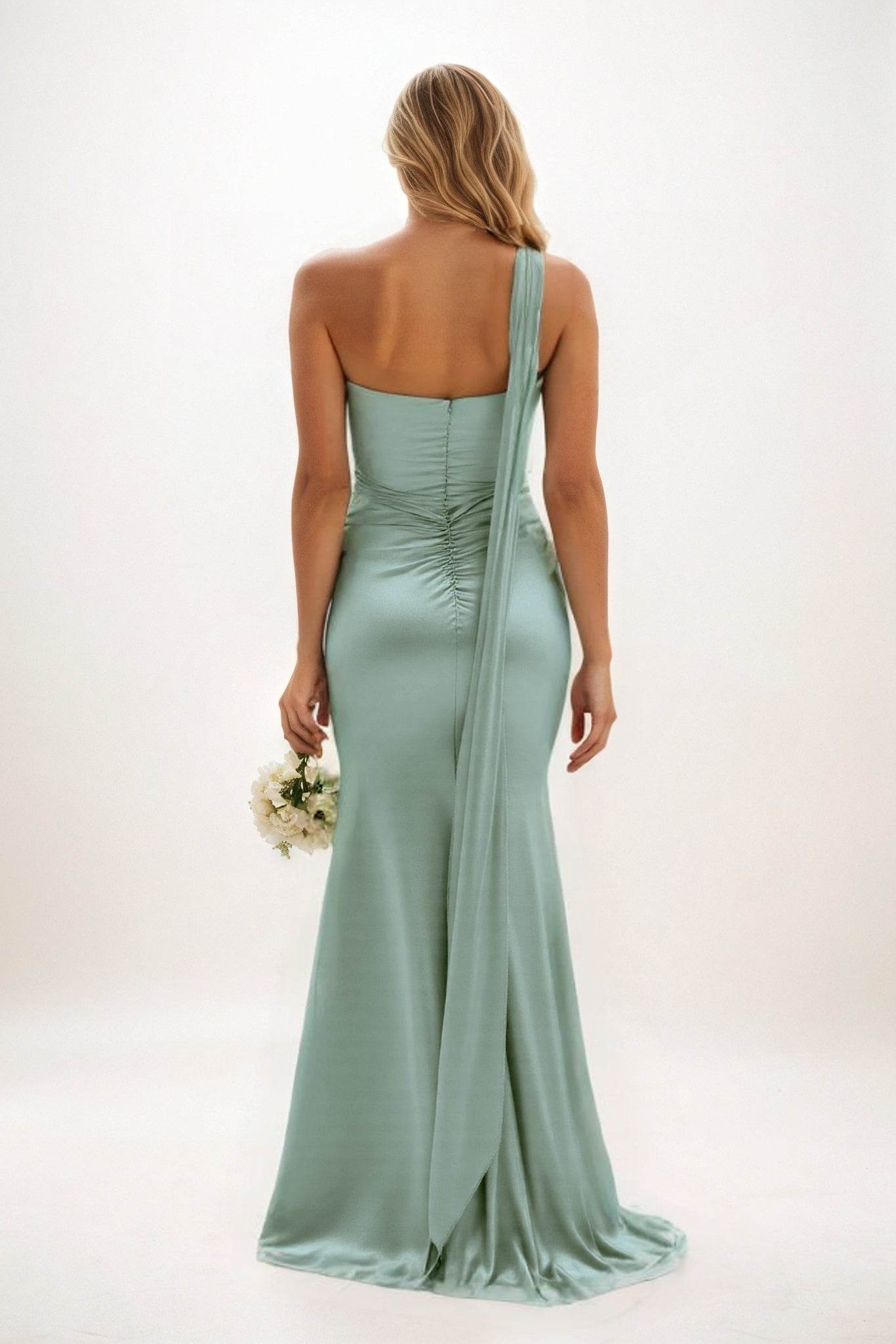 Sheath-Column Sweep-Brush Train Luxe Satin Bridesmaid Dress CB0833